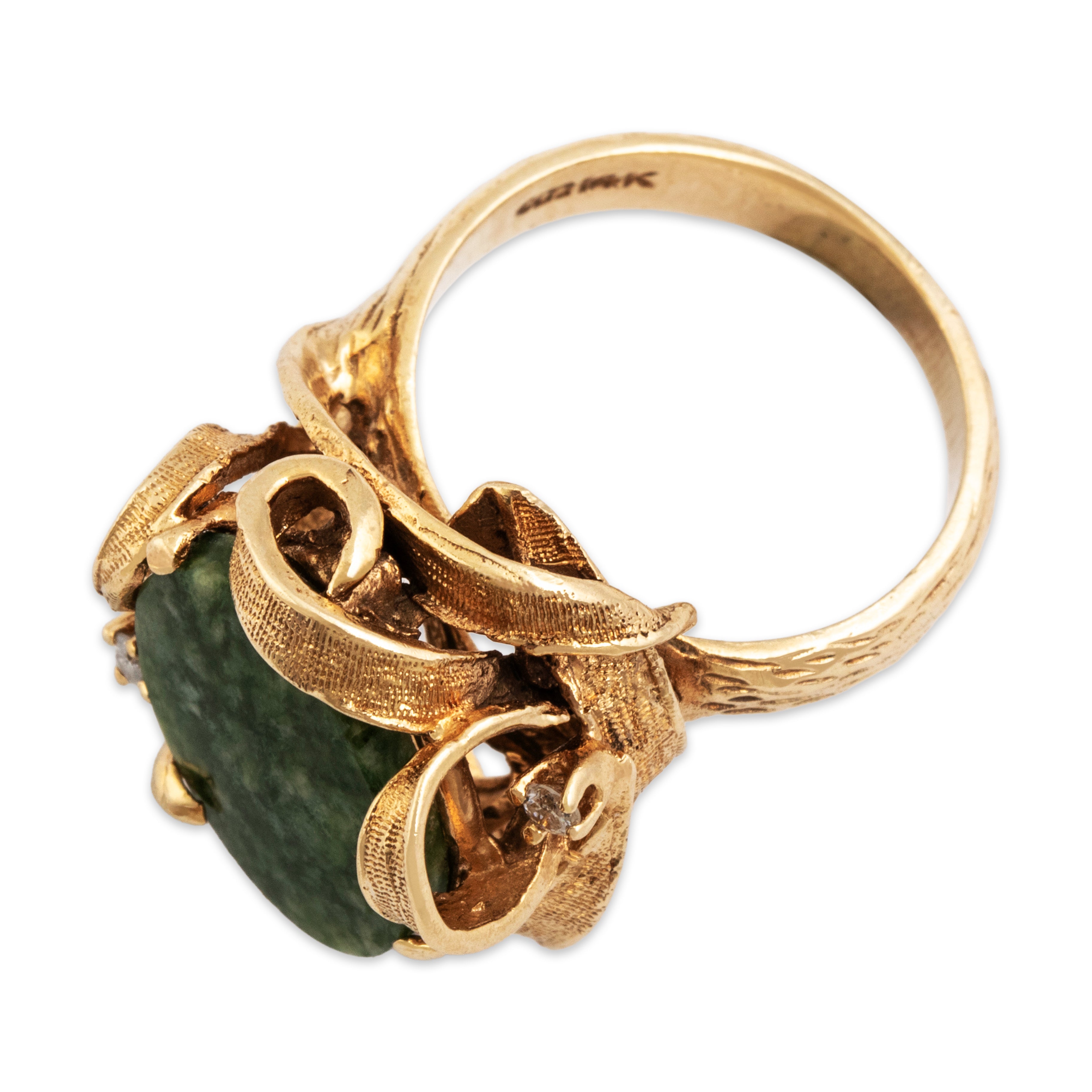 Vintage 14k Yellow Gold 2.86ct Spinach Jade Diamond Impressive Scrolling Shoulder Ring - Overall view