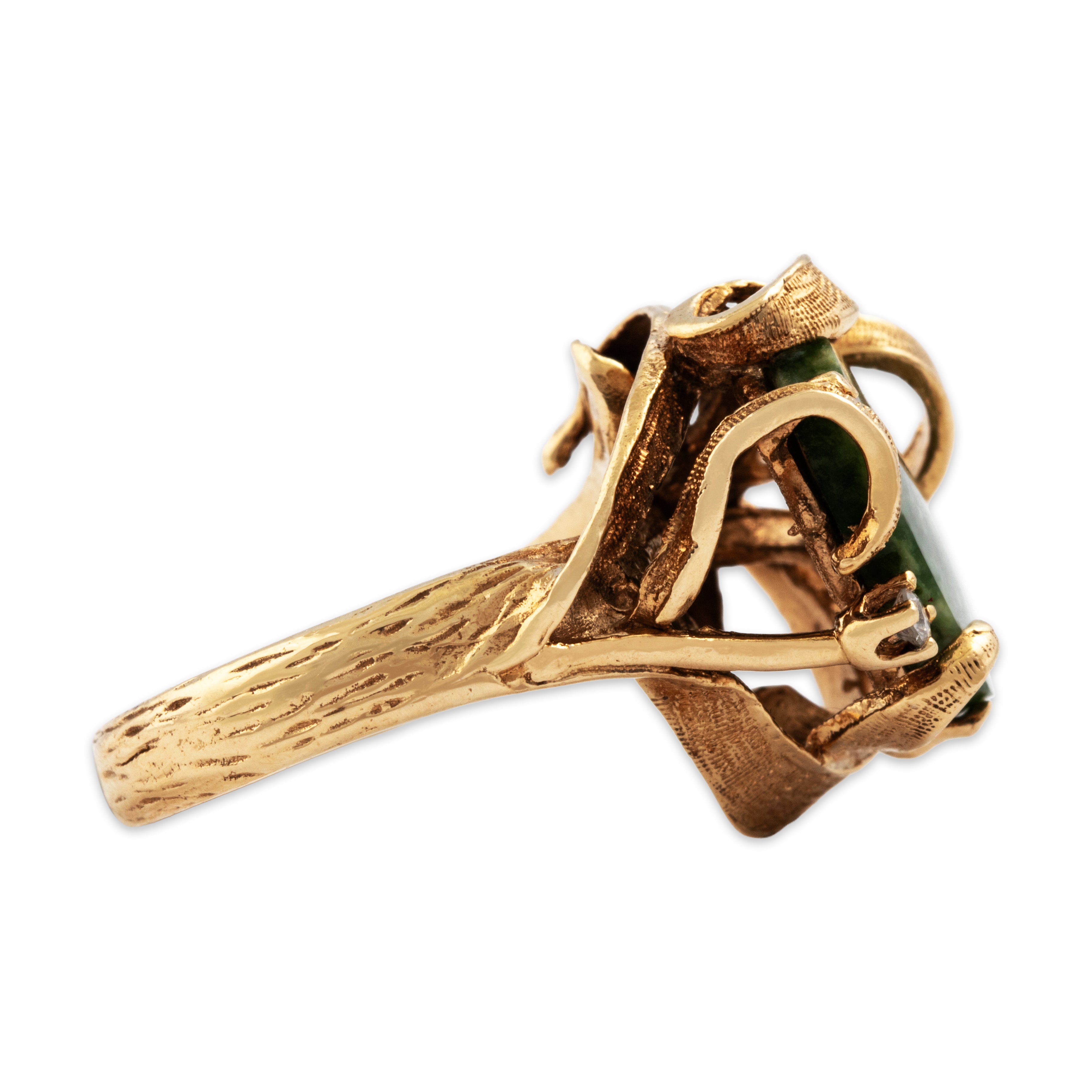 Vintage 14k Yellow Gold 2.86ct Spinach Jade Diamond Impressive Scrolling Shoulder Ring - Side view