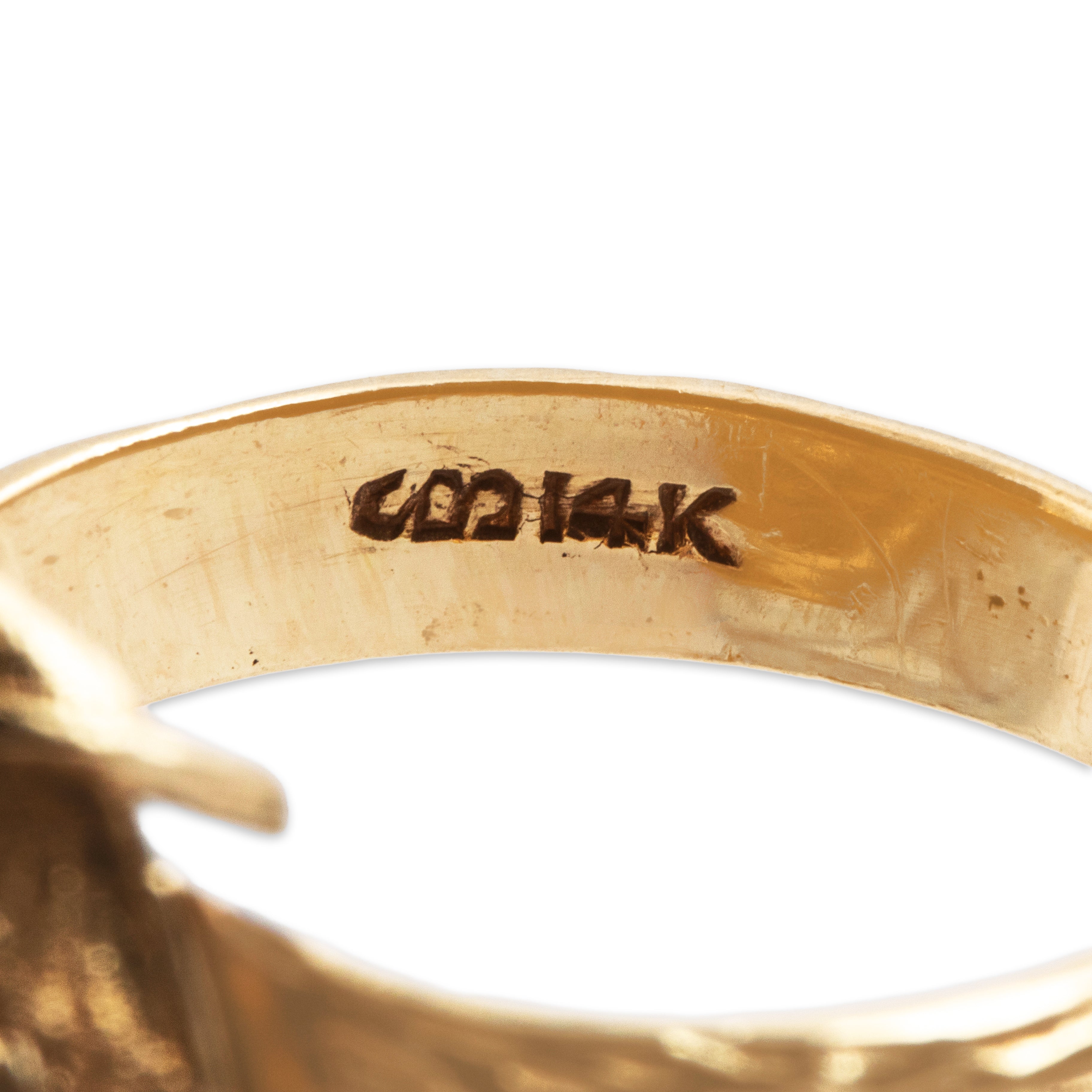 Vintage 14k Yellow Gold 2.86ct Spinach Jade Diamond Impressive Scrolling Shoulder Ring - Hallmark view