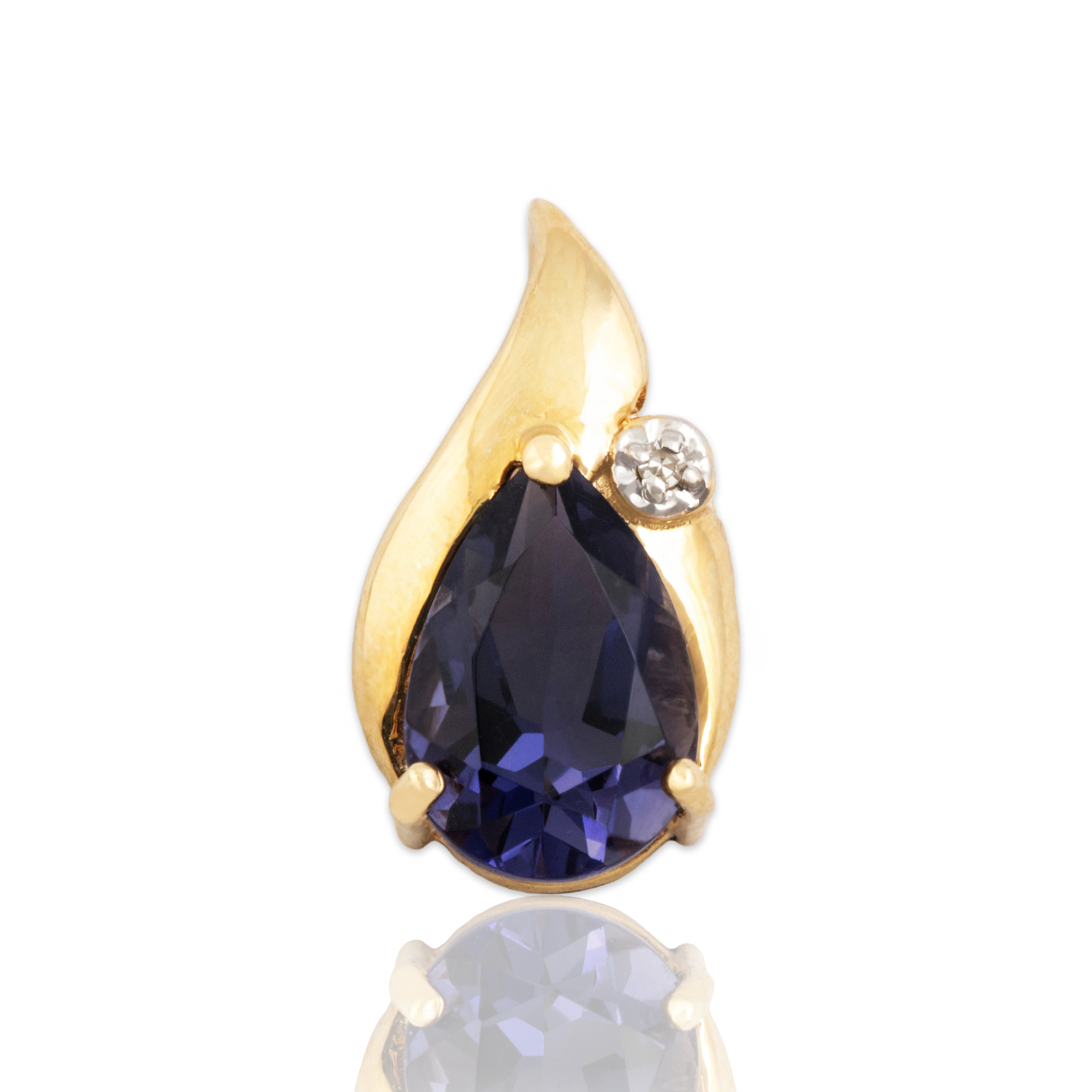 Vintage 14k Yellow Gold 1.05ct Iolite Diamond Accented Purple Pear Pendant - Close-up view