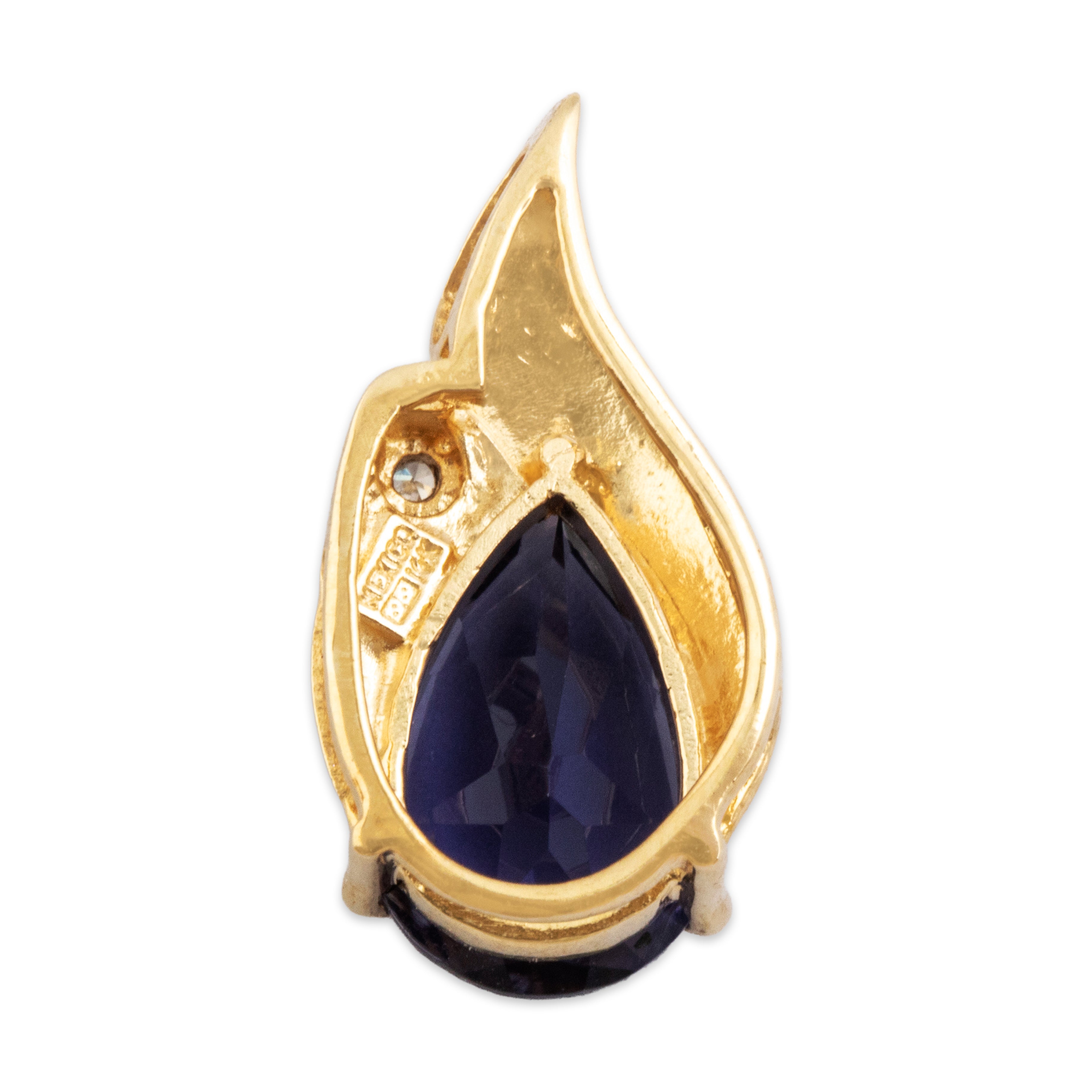 Vintage 14k Yellow Gold 1.05ct Iolite Diamond Accented Purple Pear Pendant - Back view