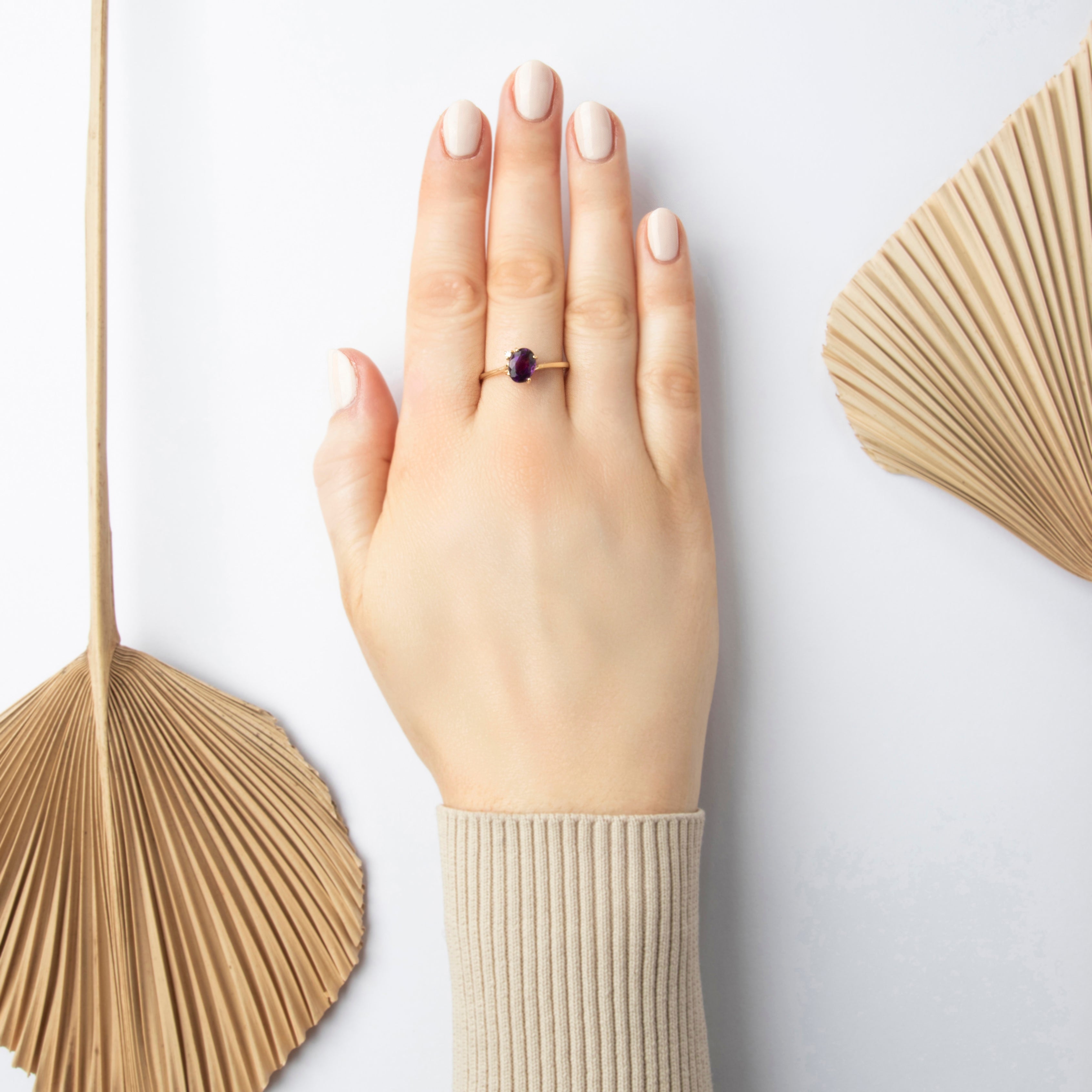 Vintage 14k Yellow Gold Amethyst Diamond Dimensional Accented Oval Ring - On model view