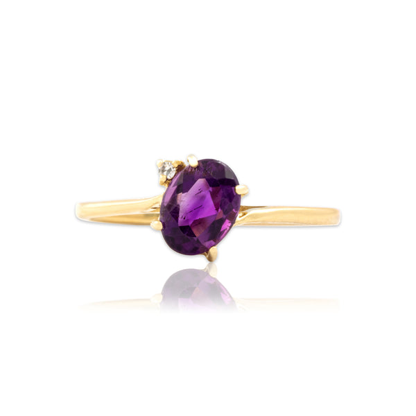 Vintage 14k Yellow Gold Amethyst Diamond Dimensional Accented Oval Ring 10.25