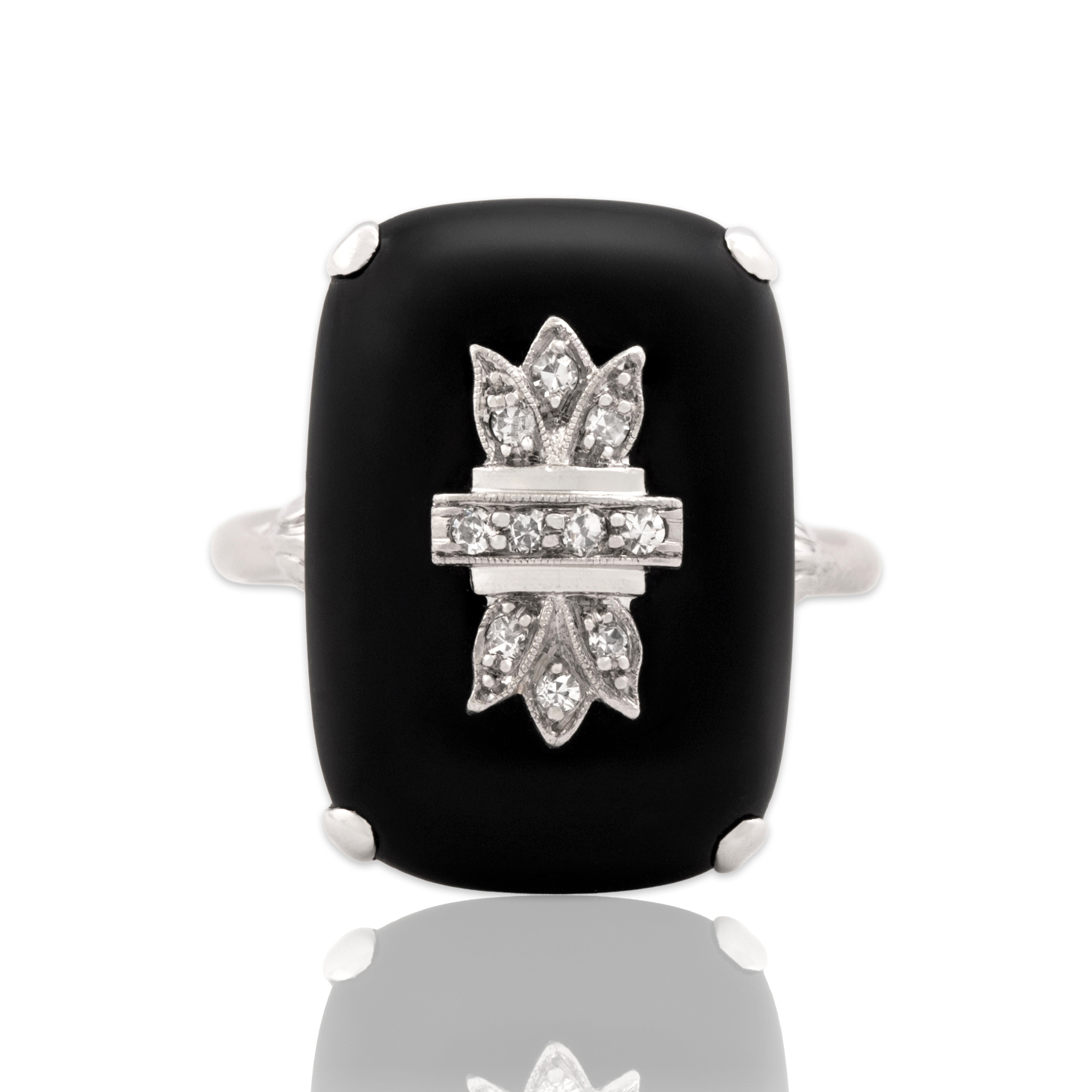 Antique Art Deco Larter & Sons 14k White Gold 8.52ct Onyx Diamond Fantastic Decorated Cabochon Ring - Close-up view