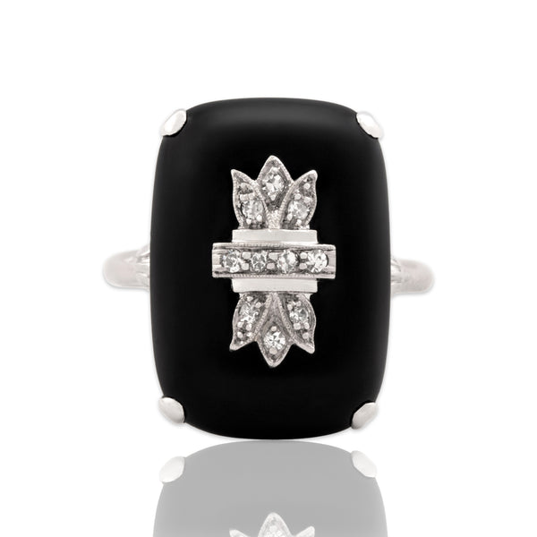 Antique Art Deco Larter & Sons 14k White Gold 8.52ct Onyx Diamond Ring 7.75