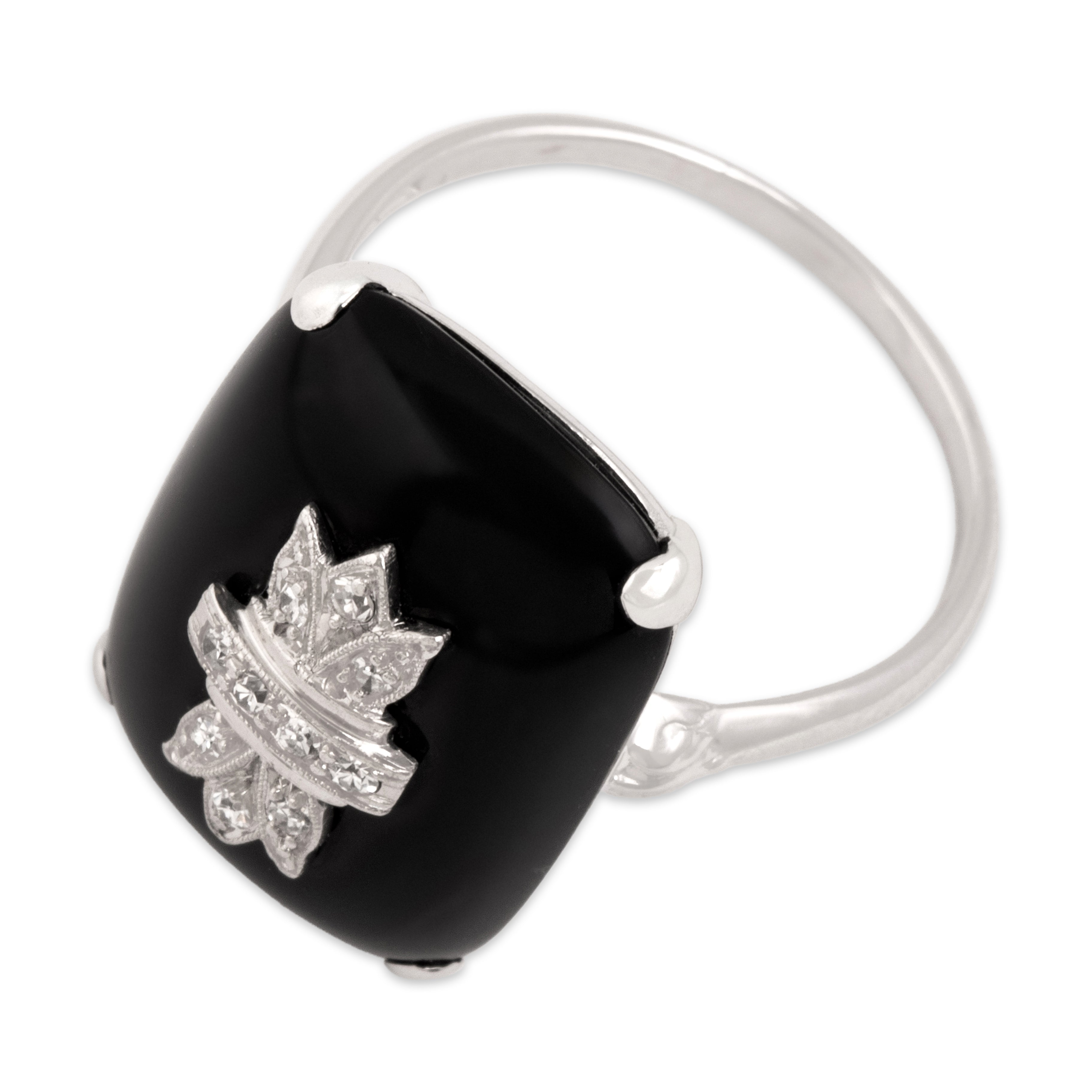 Antique Art Deco Larter & Sons 14k White Gold 8.52ct Onyx Diamond Fantastic Decorated Cabochon Ring - Overall view
