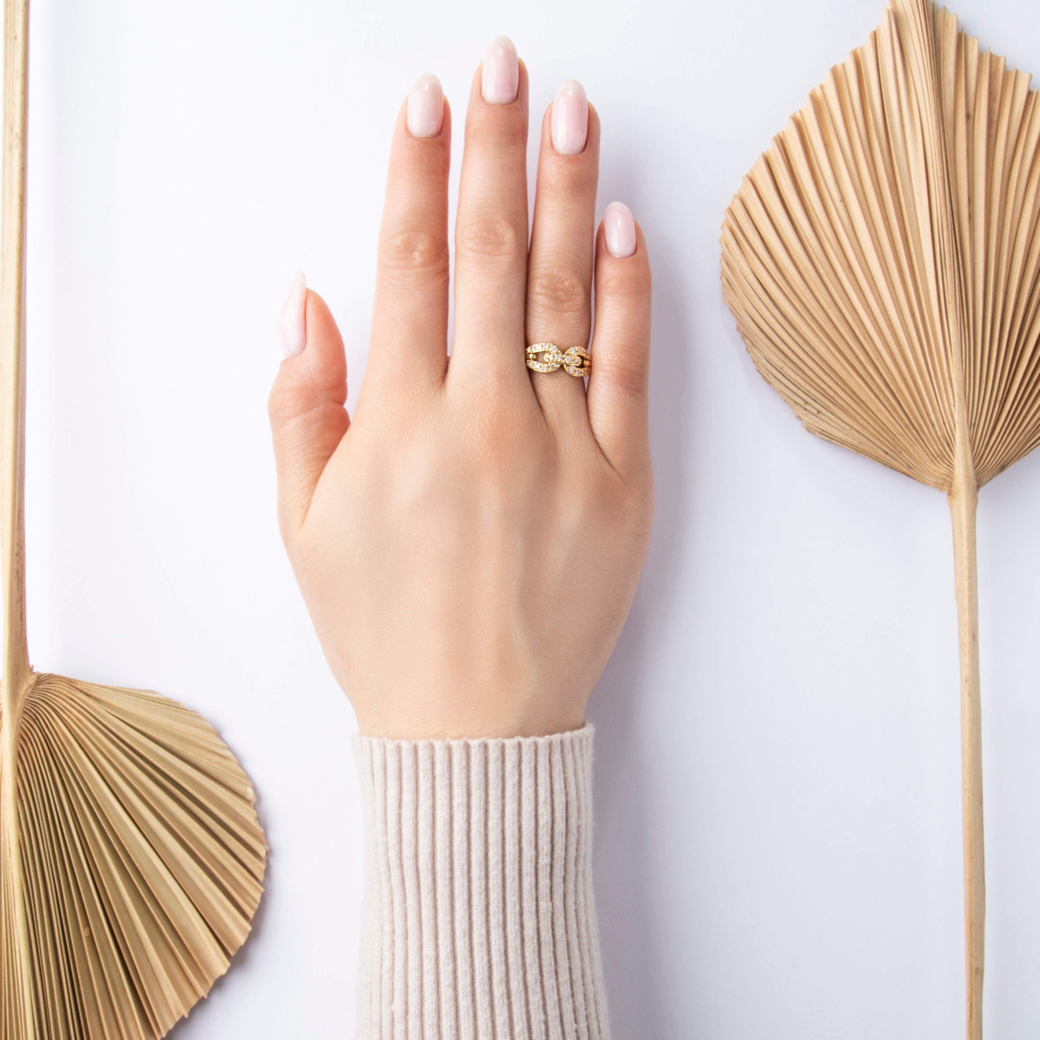 Vintage 18k Yellow Gold Diamond Buckle Chain Ring - On model view