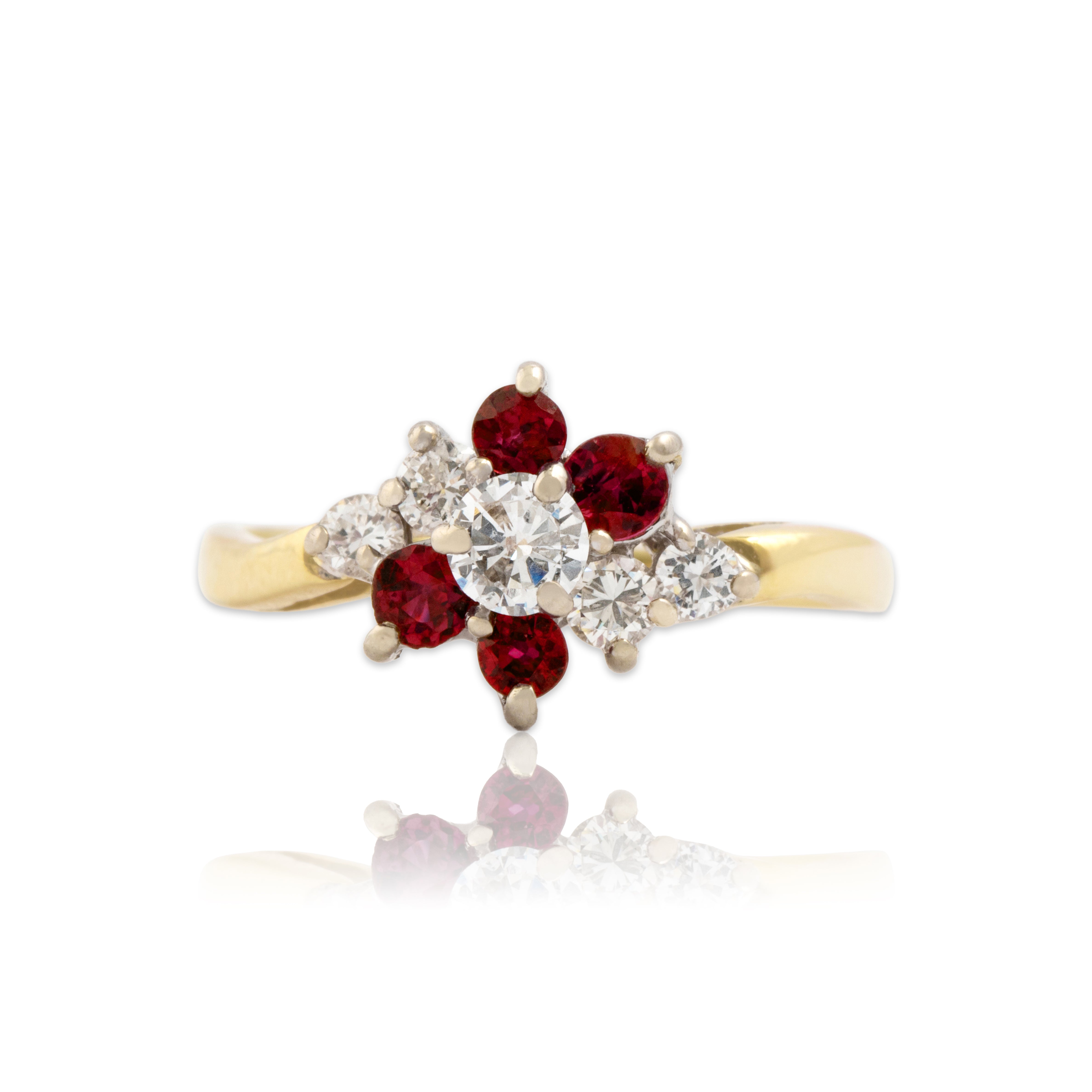Vintage 18k Yellow Gold Diamond Ruby Flowing Floral Cluster Ring 6.25