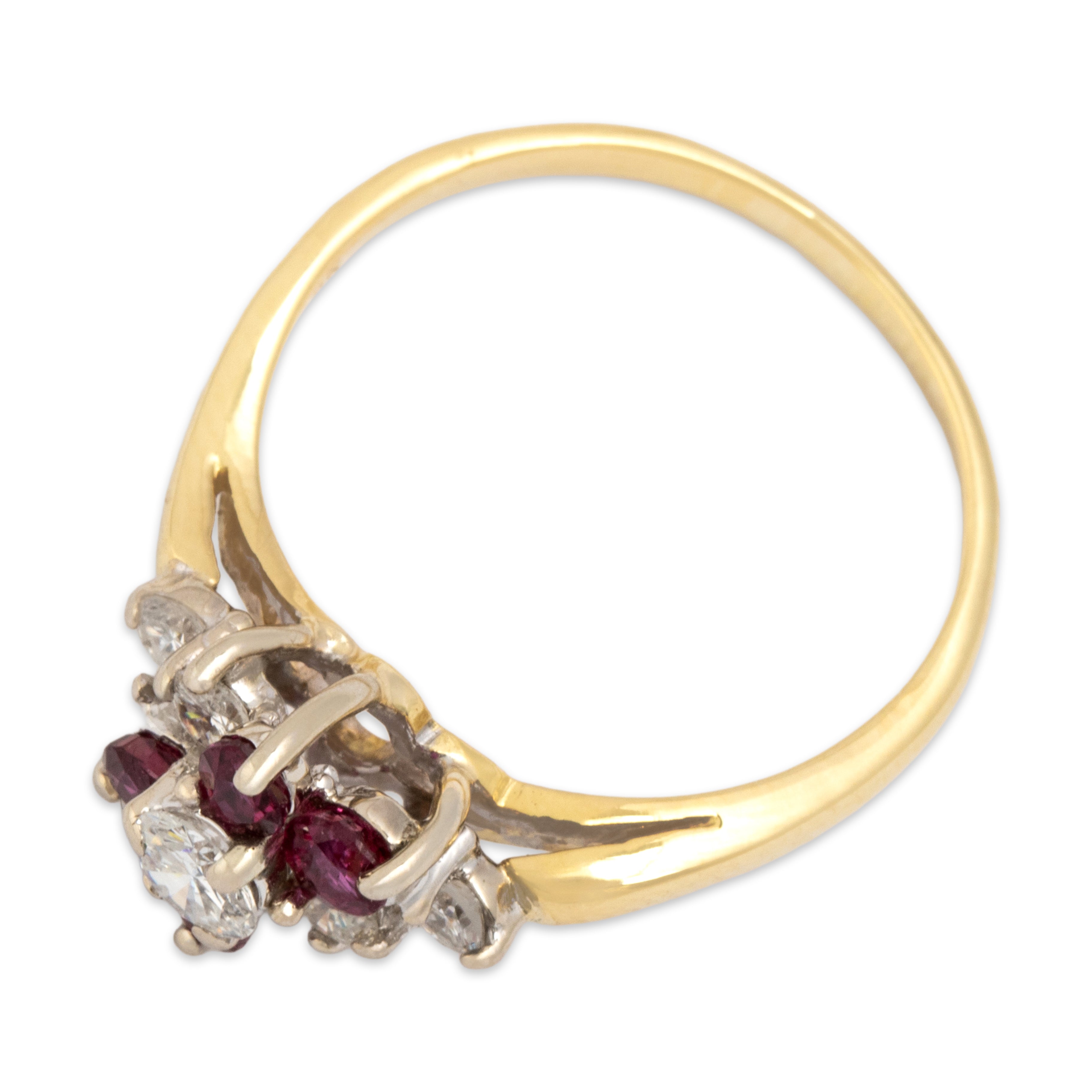 Vintage 18k Yellow Gold Diamond Ruby Dazzling Flowing Cluster Ring - Overall view