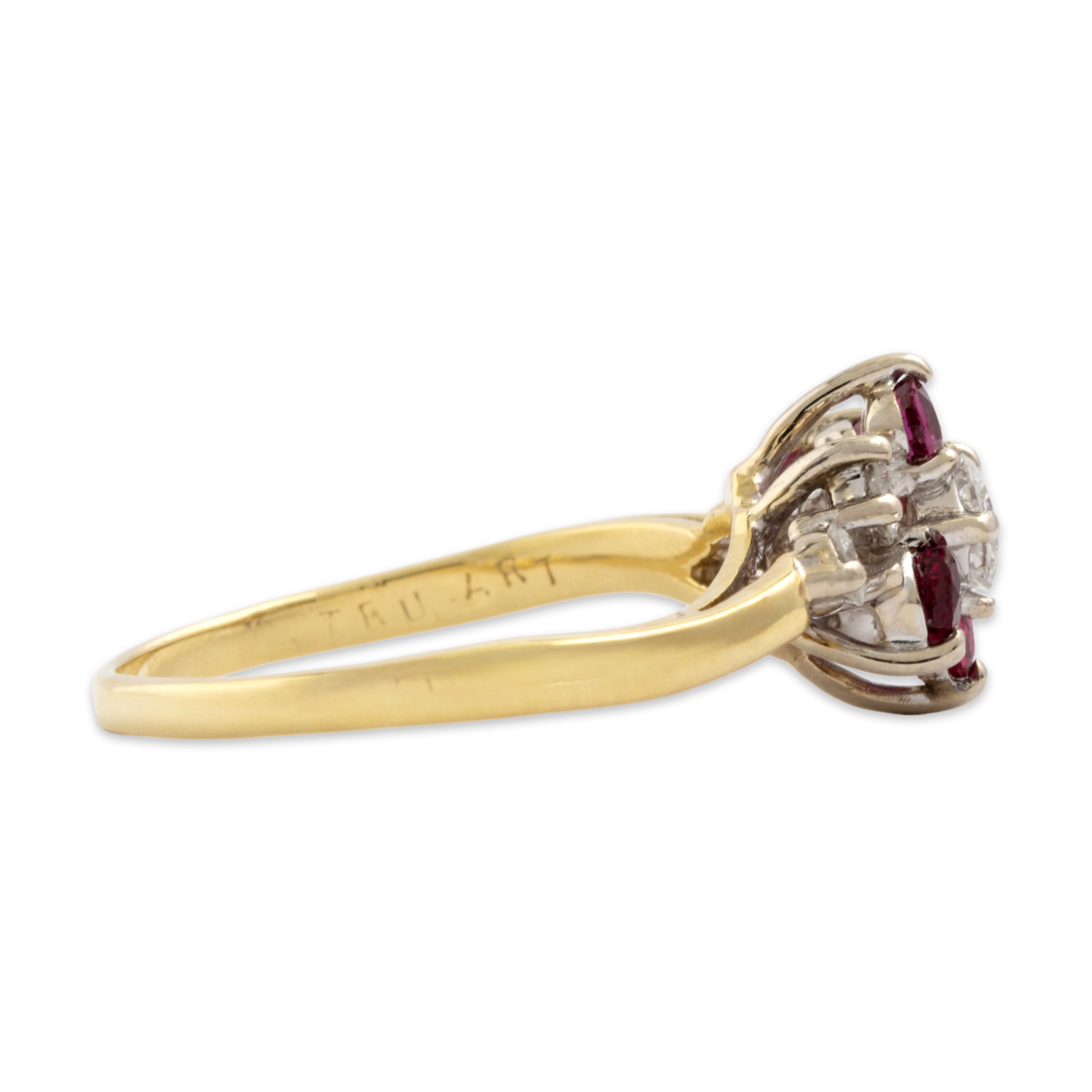 Vintage 18k Yellow Gold Diamond Ruby Dazzling Flowing Cluster Ring - Side view