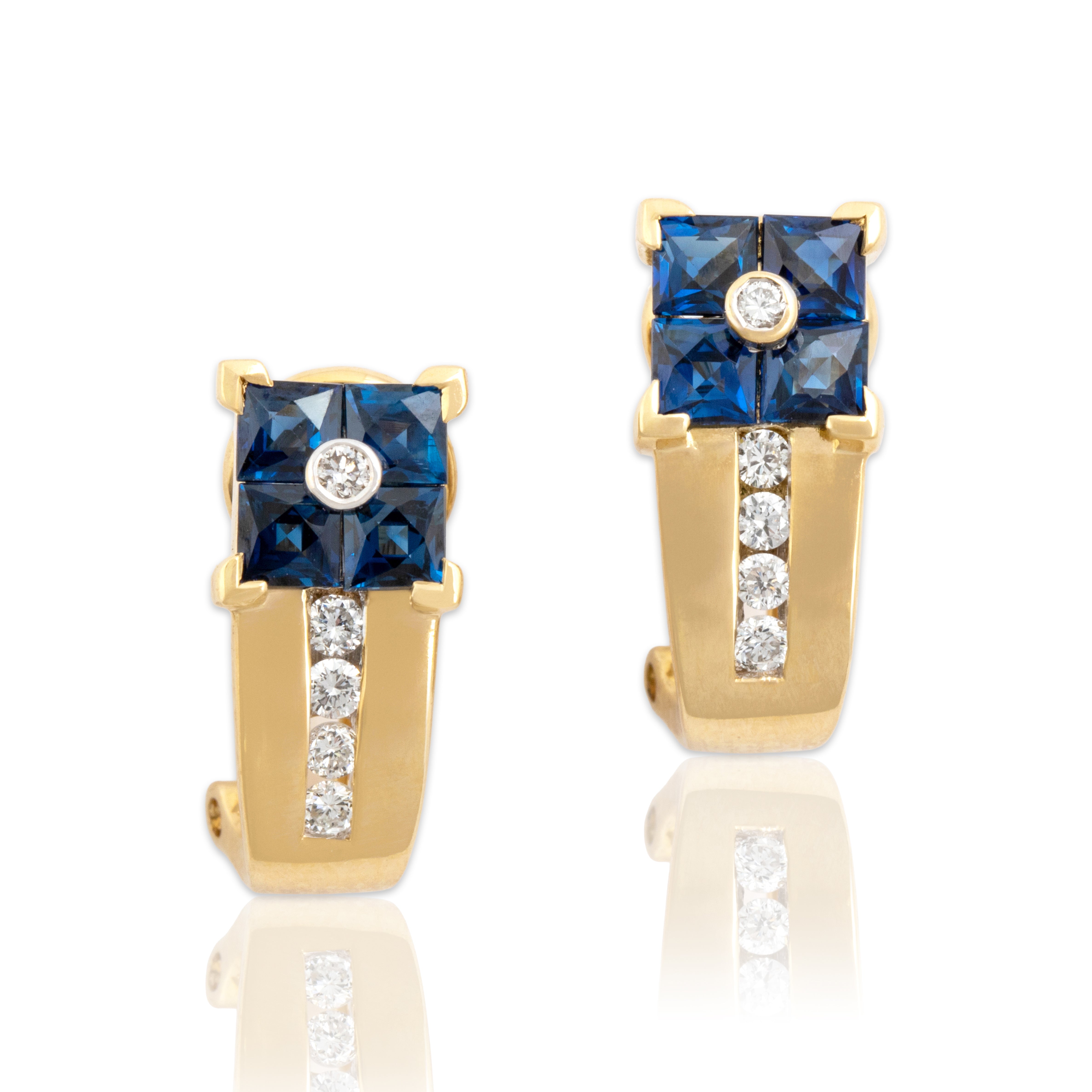 Vintage 18k Yellow Gold 1.07cttw Blue Sapphire Diamond Chic Geometric Earrings
