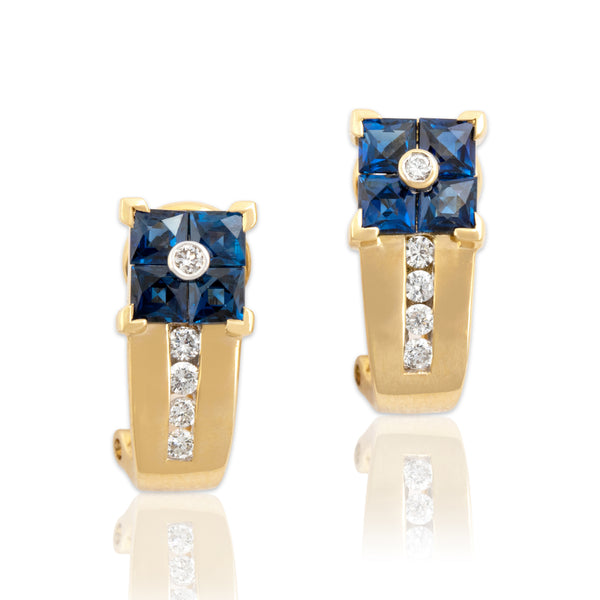 Vintage 18k Yellow Gold 1.07cttw Blue Sapphire Diamond Chic Geometric Earrings