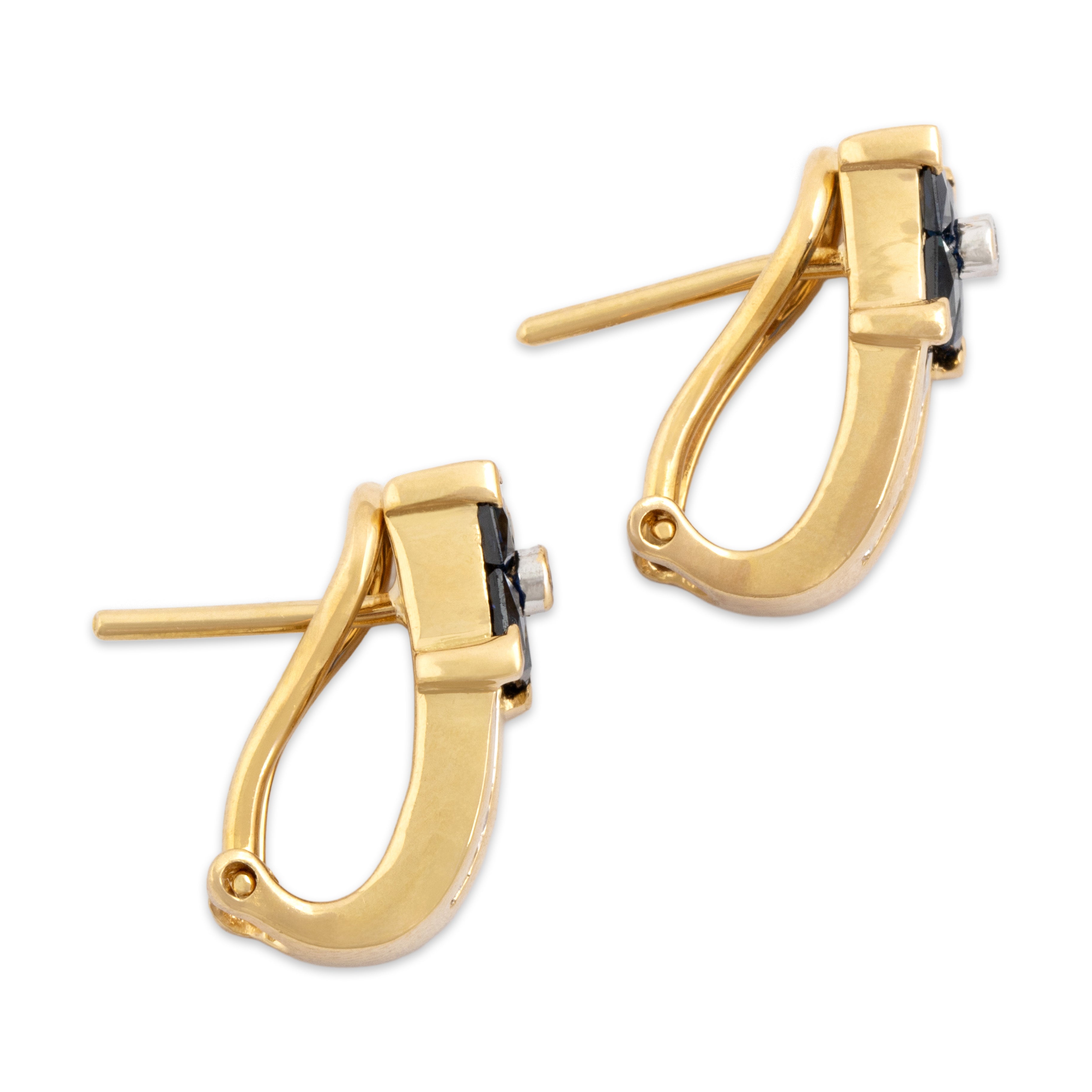Vintage 18k Yellow Gold 1.07cttw Blue Sapphire Diamond Chic Geometric Earrings - Side view