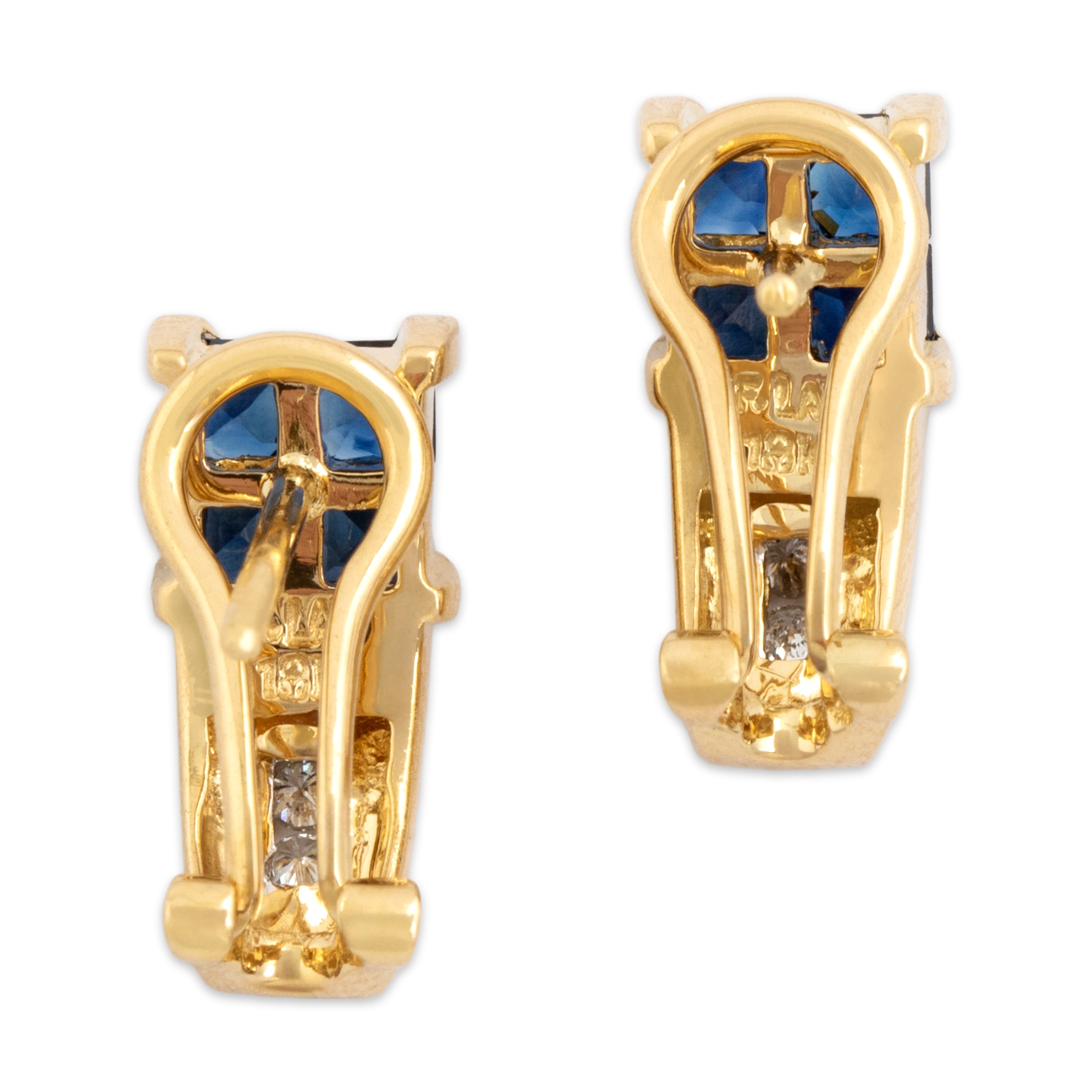 Vintage 18k Yellow Gold 1.07cttw Blue Sapphire Diamond Chic Geometric Earrings - Back view