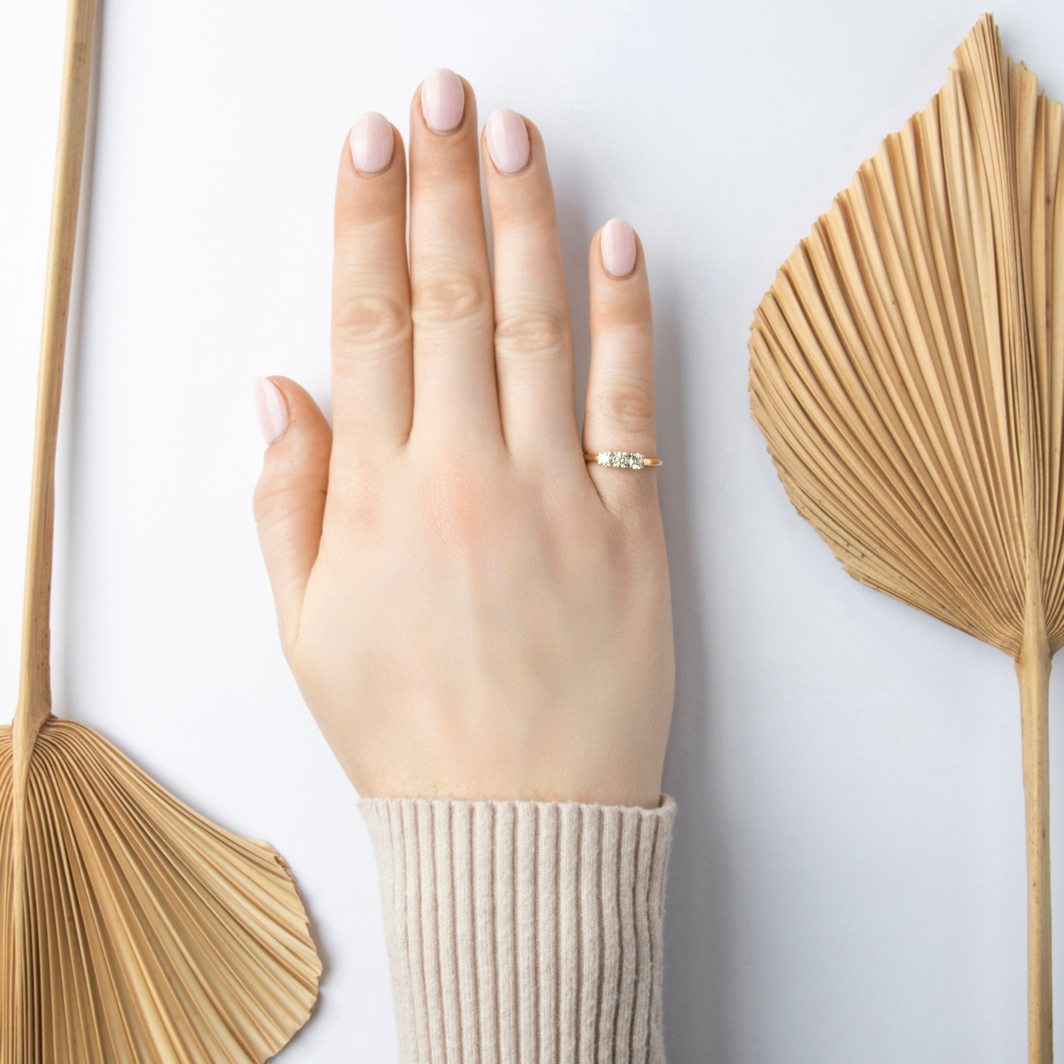 Estate English 18k Yellow Gold .51cttw Yellow Diamond Three-Stone Line Ring - On model view