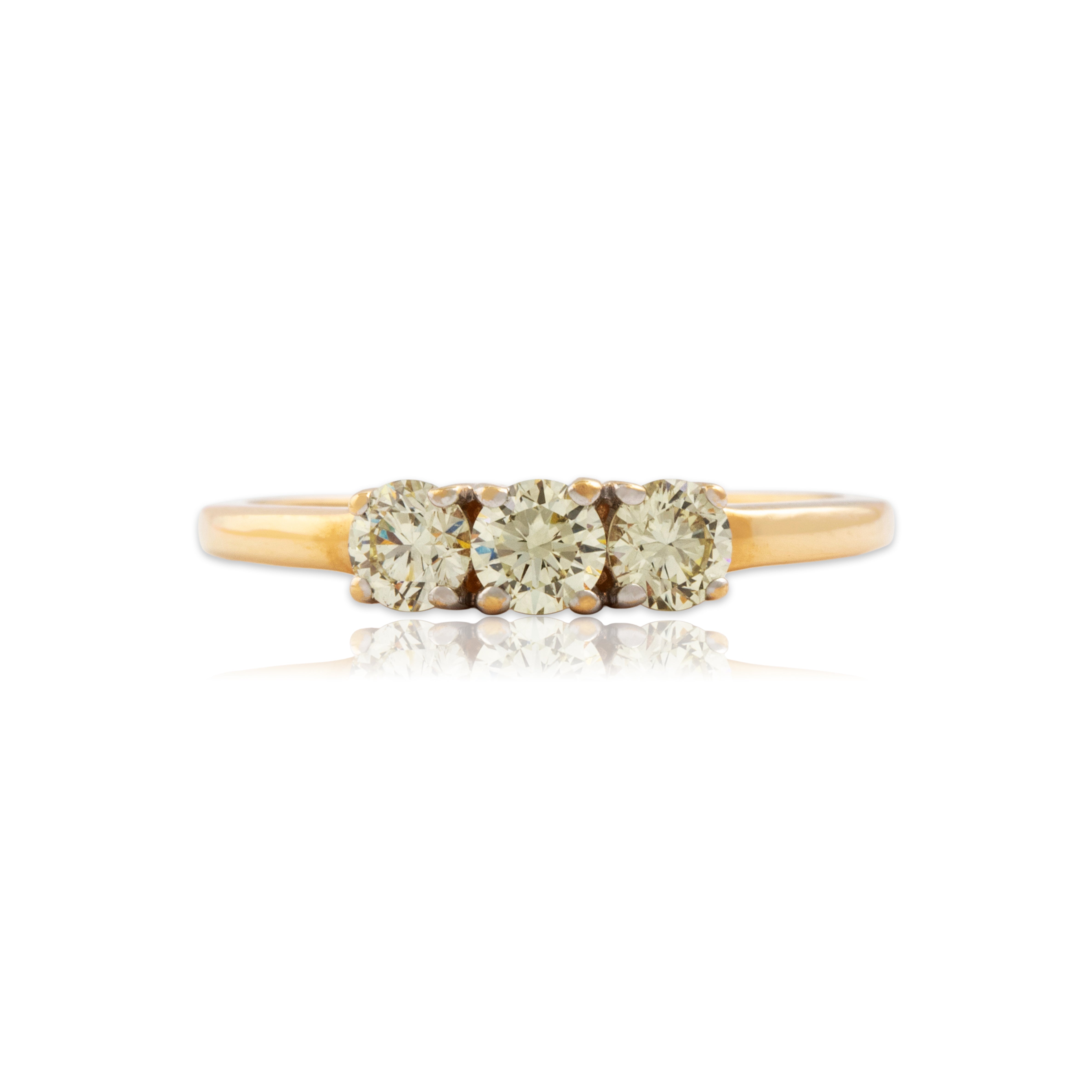 Estate English 18k Yellow Gold .51cttw Yellow Diamond Three-Stone Line Ring - Close-up view