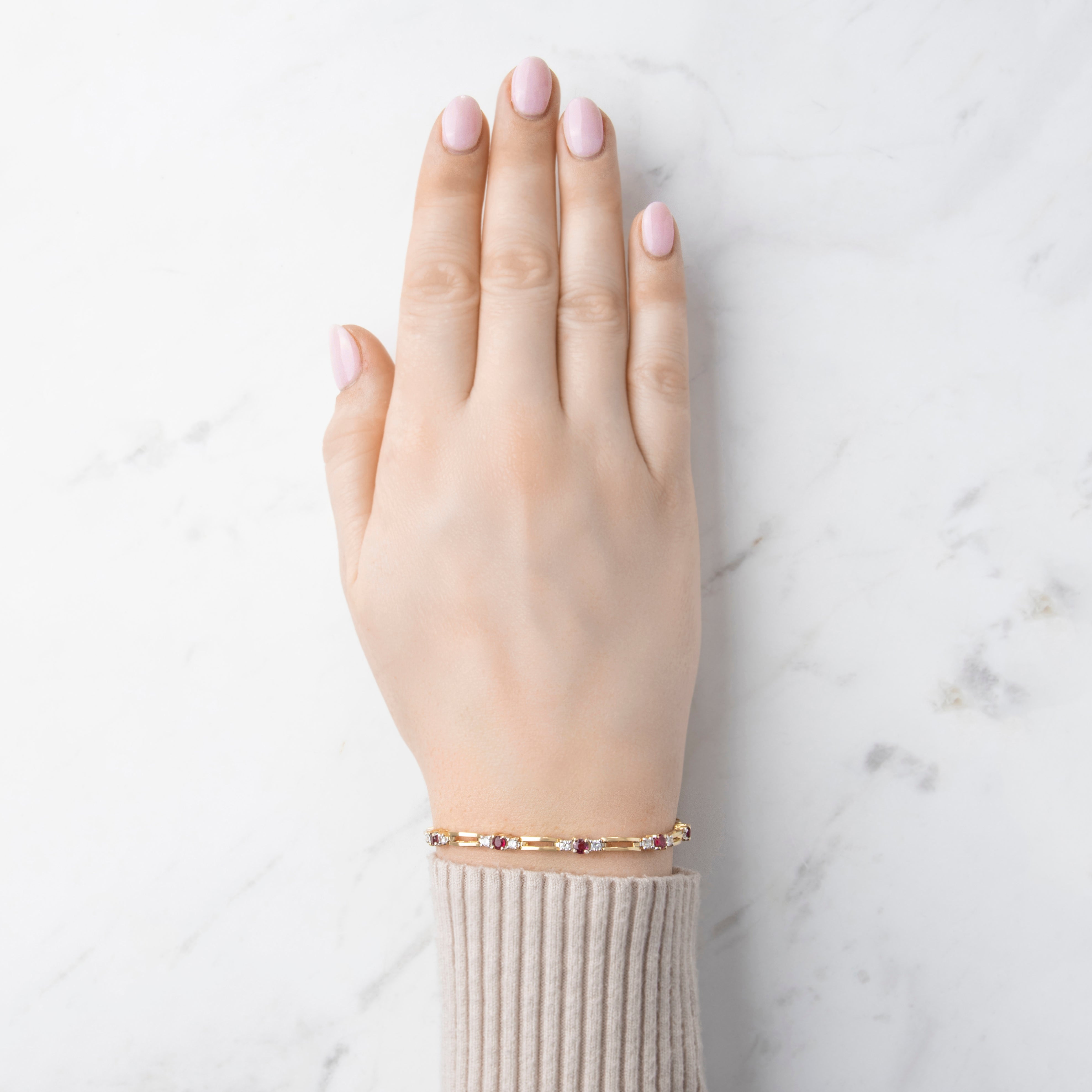 Vintage 14k Yellow Gold 1.28cttw Ruby .72ct Diamond Splendid Trio Station Bracelet - On model view