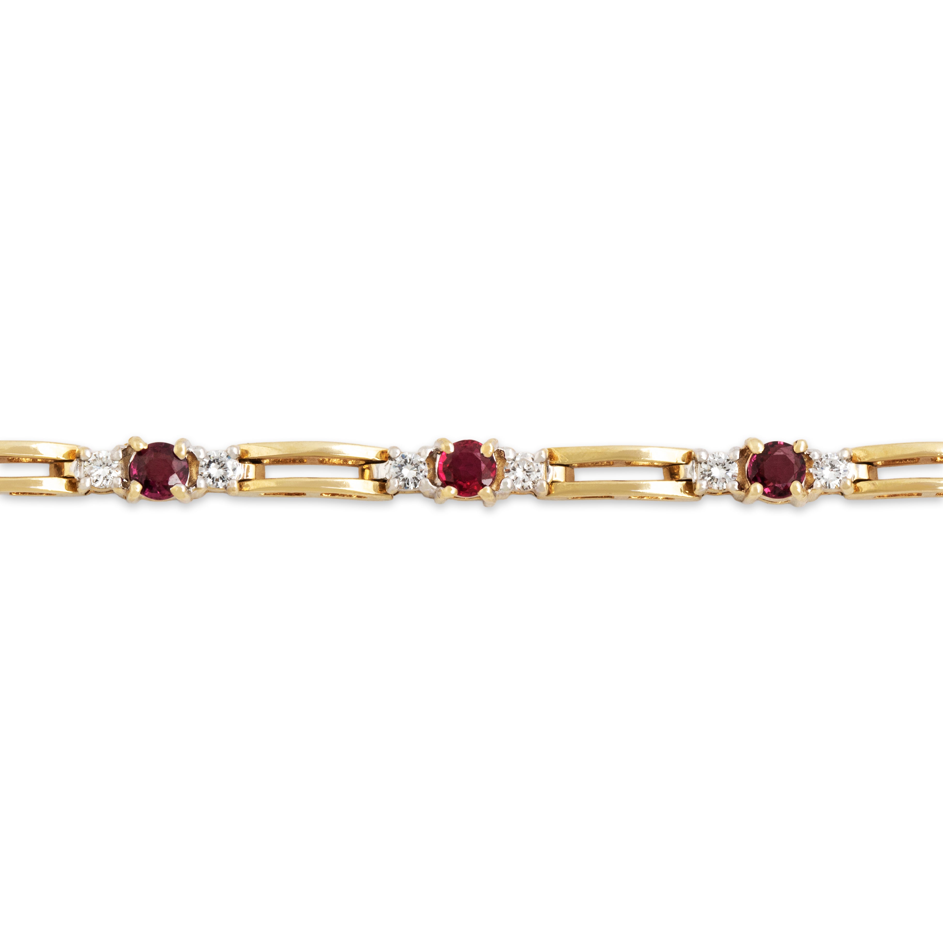 Vintage 14k Yellow Gold 1.28cttw Ruby .72ct Diamond Splendid Trio Station Bracelet - Close-up view