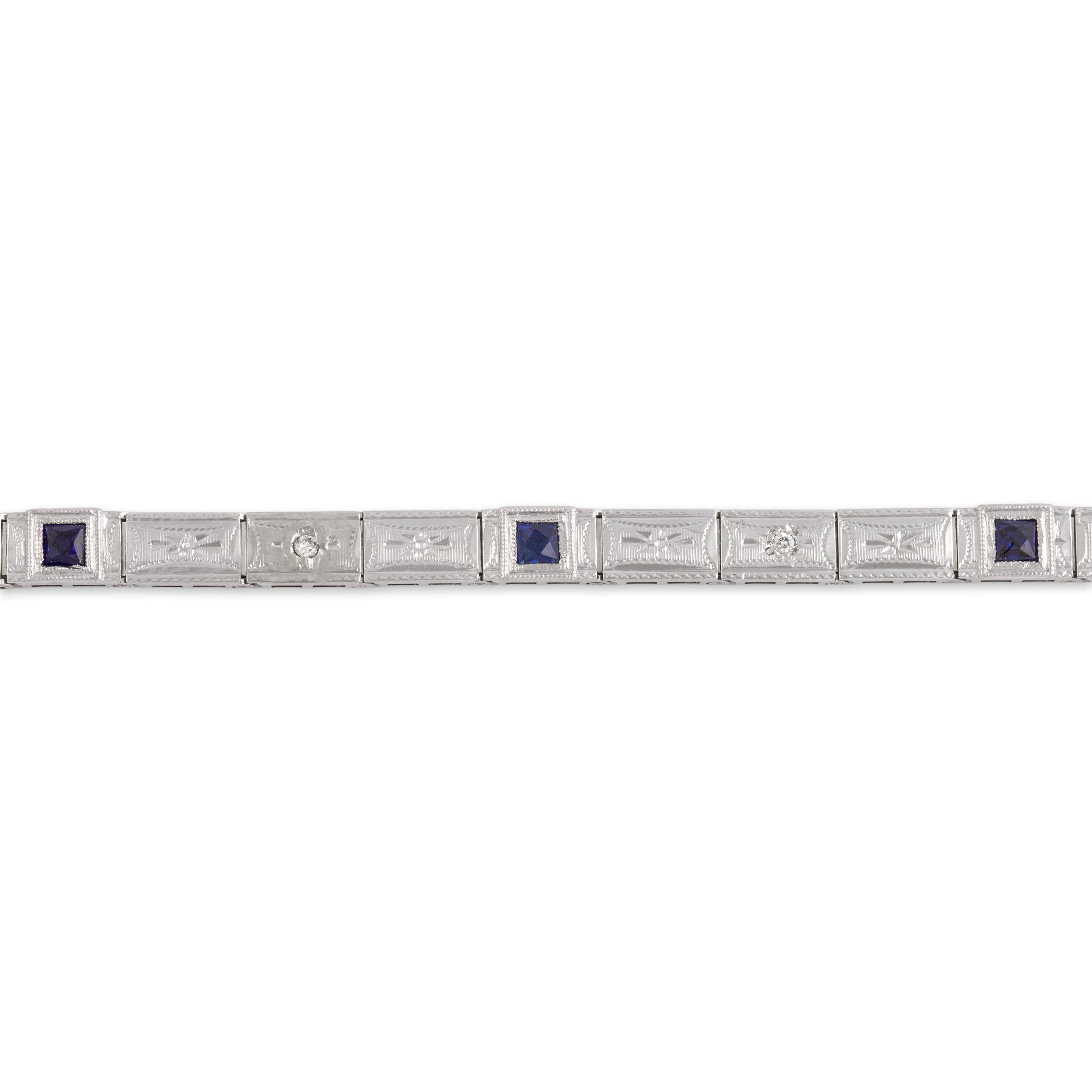 Antique Art Deco 14k White Gold Blue Synthetic Sapphire Natural Diamond Engraved Milgrain Link Bracelet - Close-up view