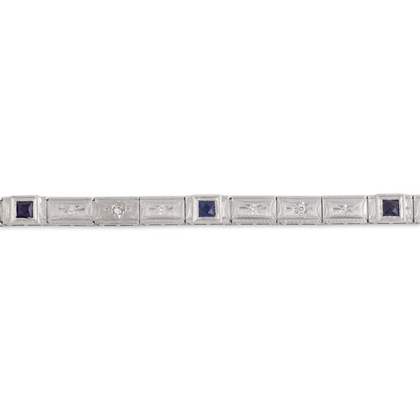 Antique Art Deco 14k White Gold Blue Synthetic Sapphire Natural Diamond Bracelet 7