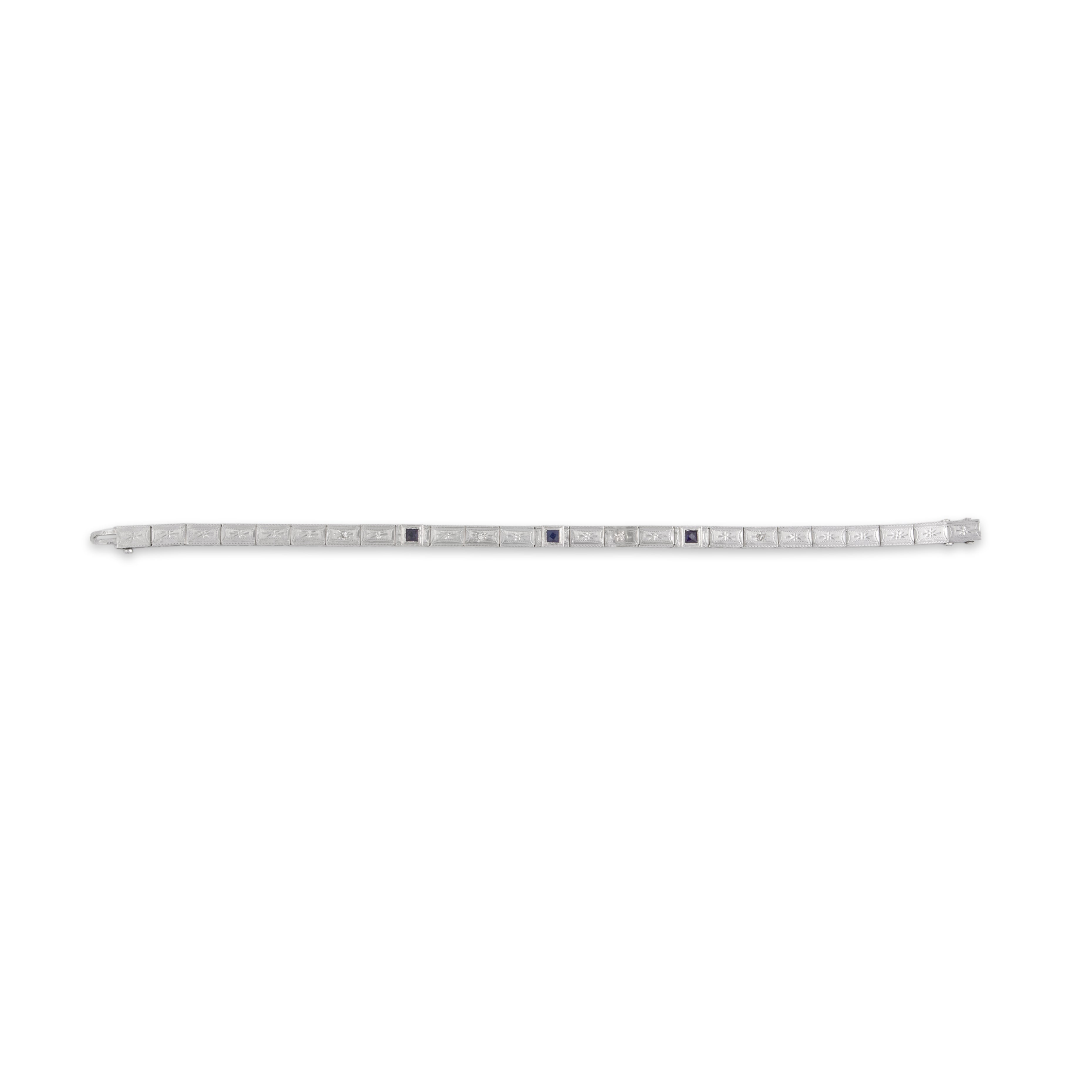 Antique Art Deco 14k White Gold Blue Synthetic Sapphire Natural Diamond Engraved Milgrain Link Bracelet - Overall view