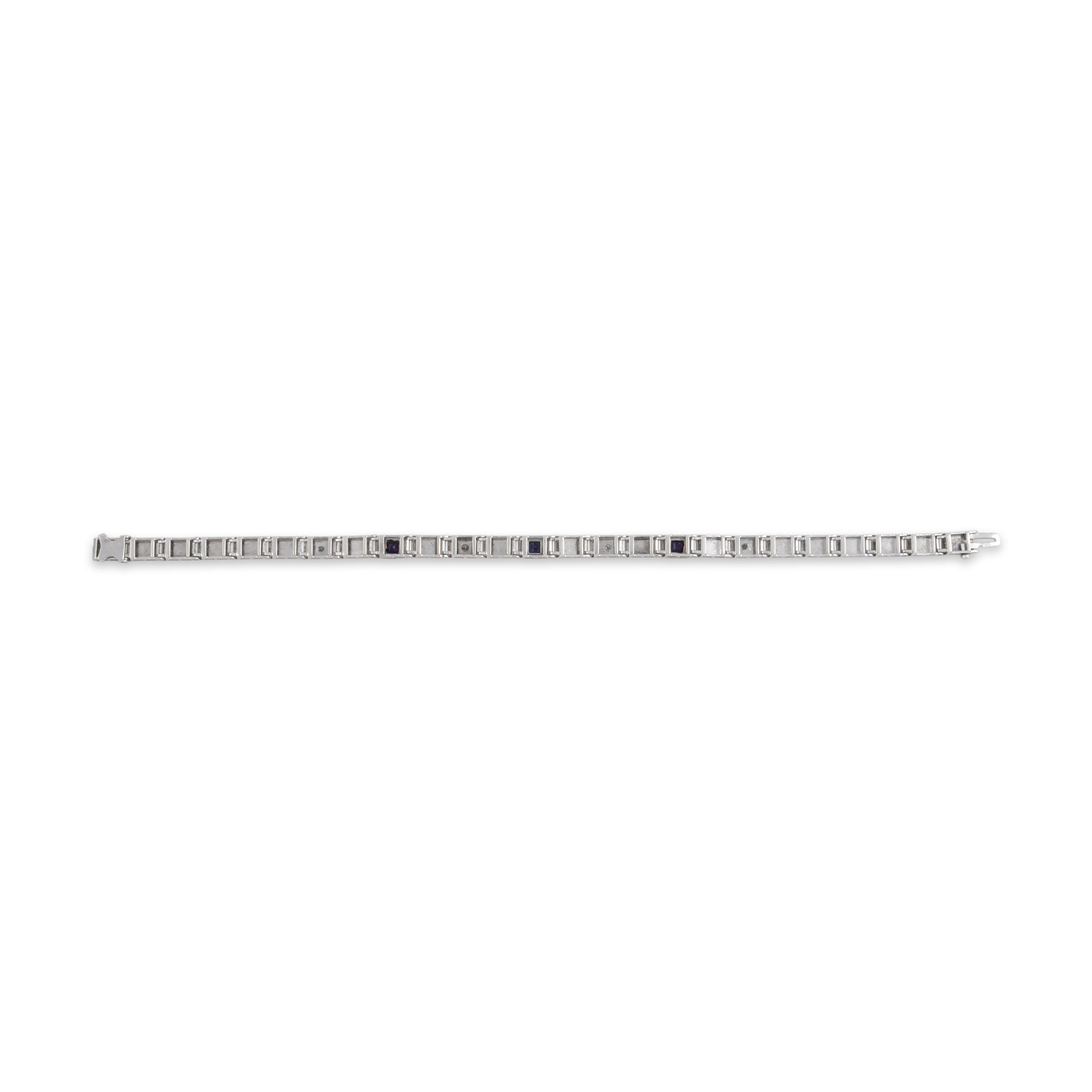 Antique Art Deco 14k White Gold Blue Synthetic Sapphire Natural Diamond Engraved Milgrain Link Bracelet - Back view