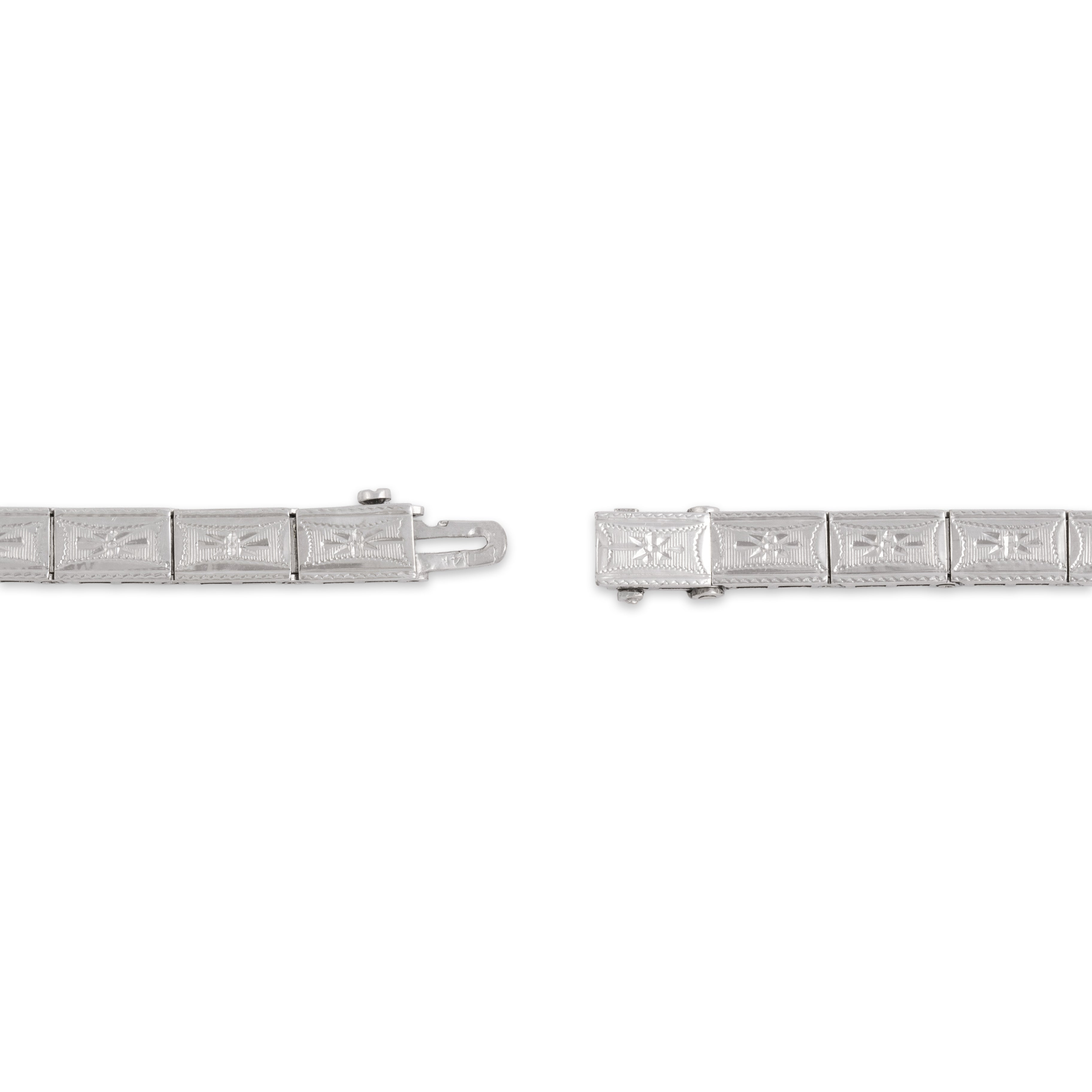 Antique Art Deco 14k White Gold Blue Synthetic Sapphire Natural Diamond Engraved Milgrain Link Bracelet - clasp view