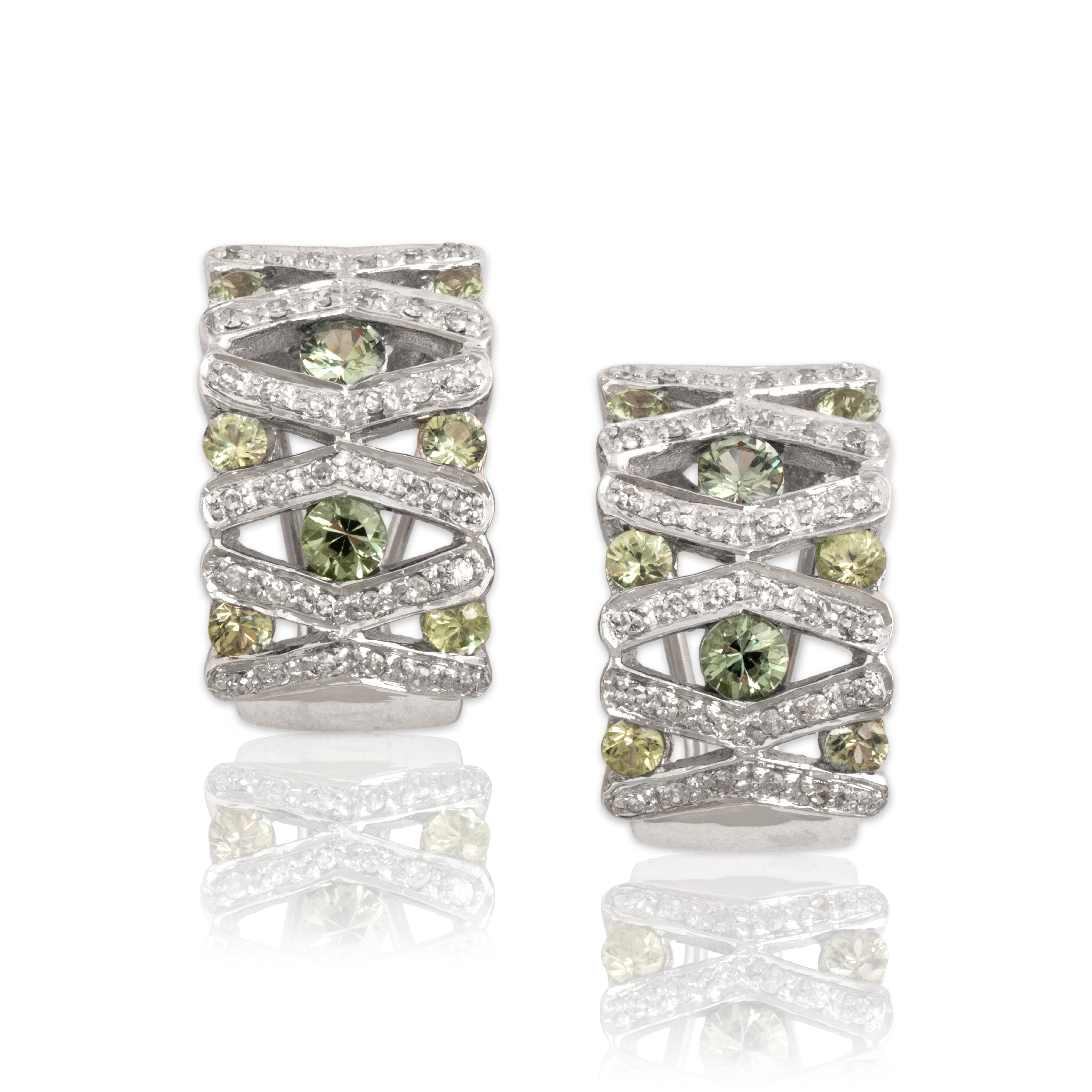 Vintage 14k White Gold 1.36cttw Green Sapphire Diamond Omega Back Earrings