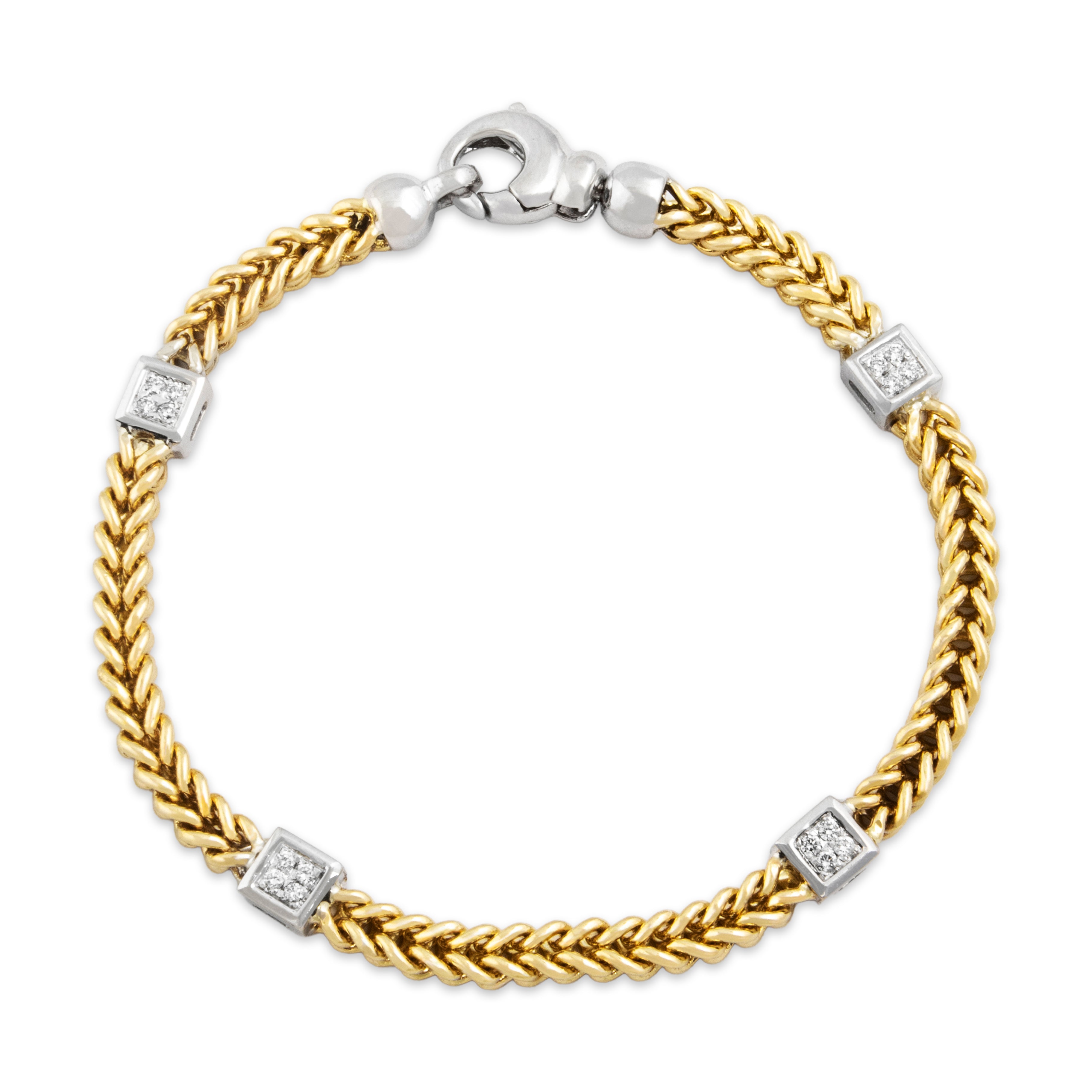 Vintage Italian 14k Yellow & White Gold Diamond Foxtail Chain Square Station Bracelet - Overall view