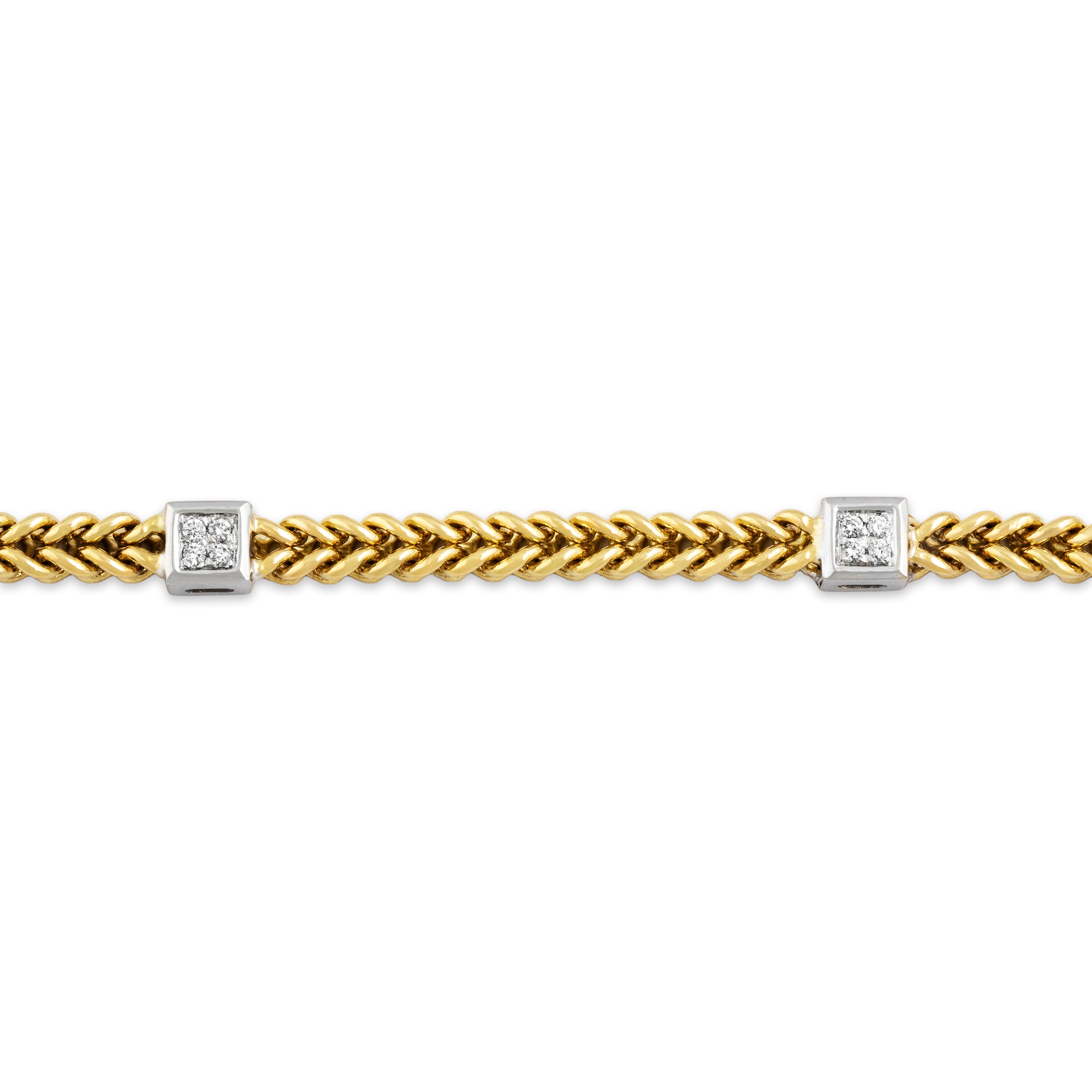 Vintage Italian 14k Yellow & White Gold Diamond Foxtail Chain Square Station Bracelet - Close-up view