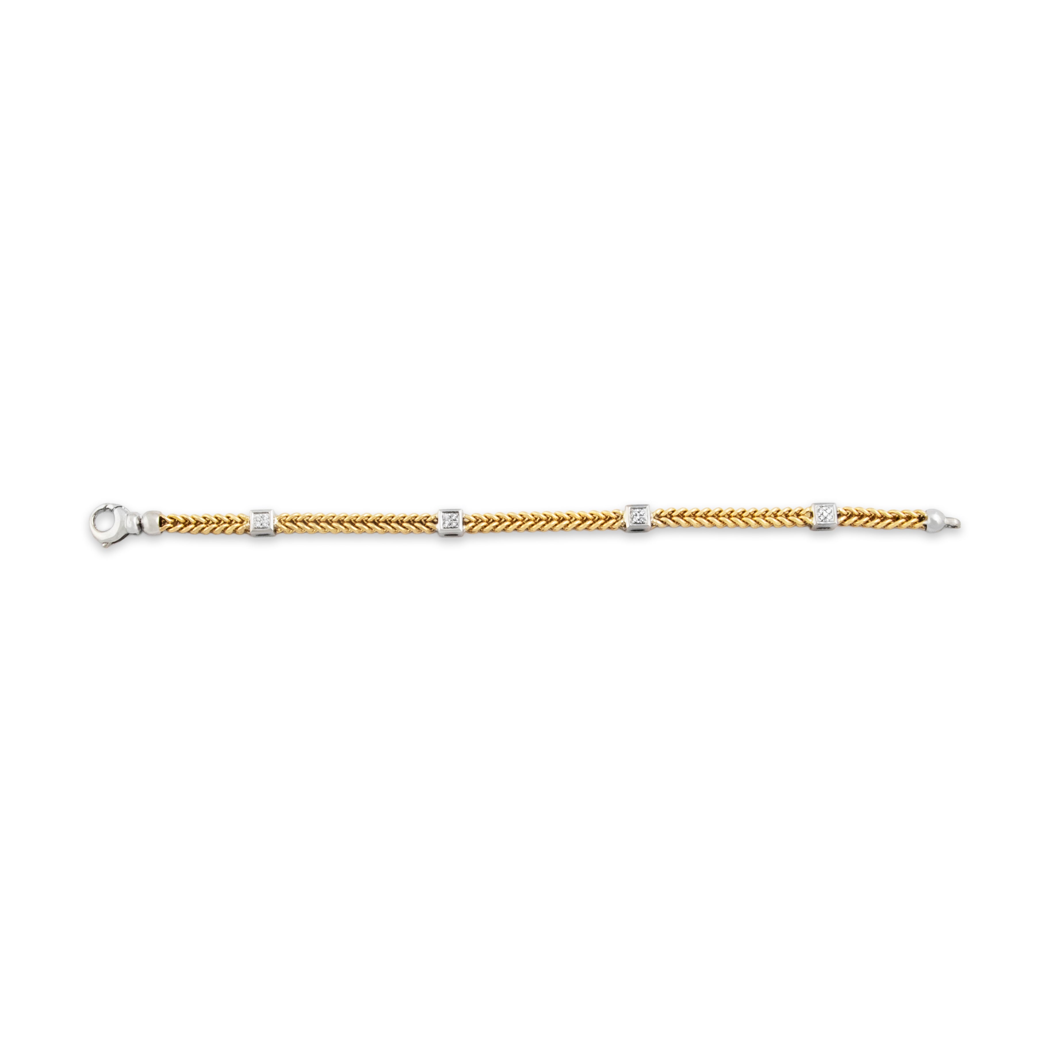 Vintage Italian 14k Yellow & White Gold Diamond Foxtail Chain Square Station Bracelet - Overall view