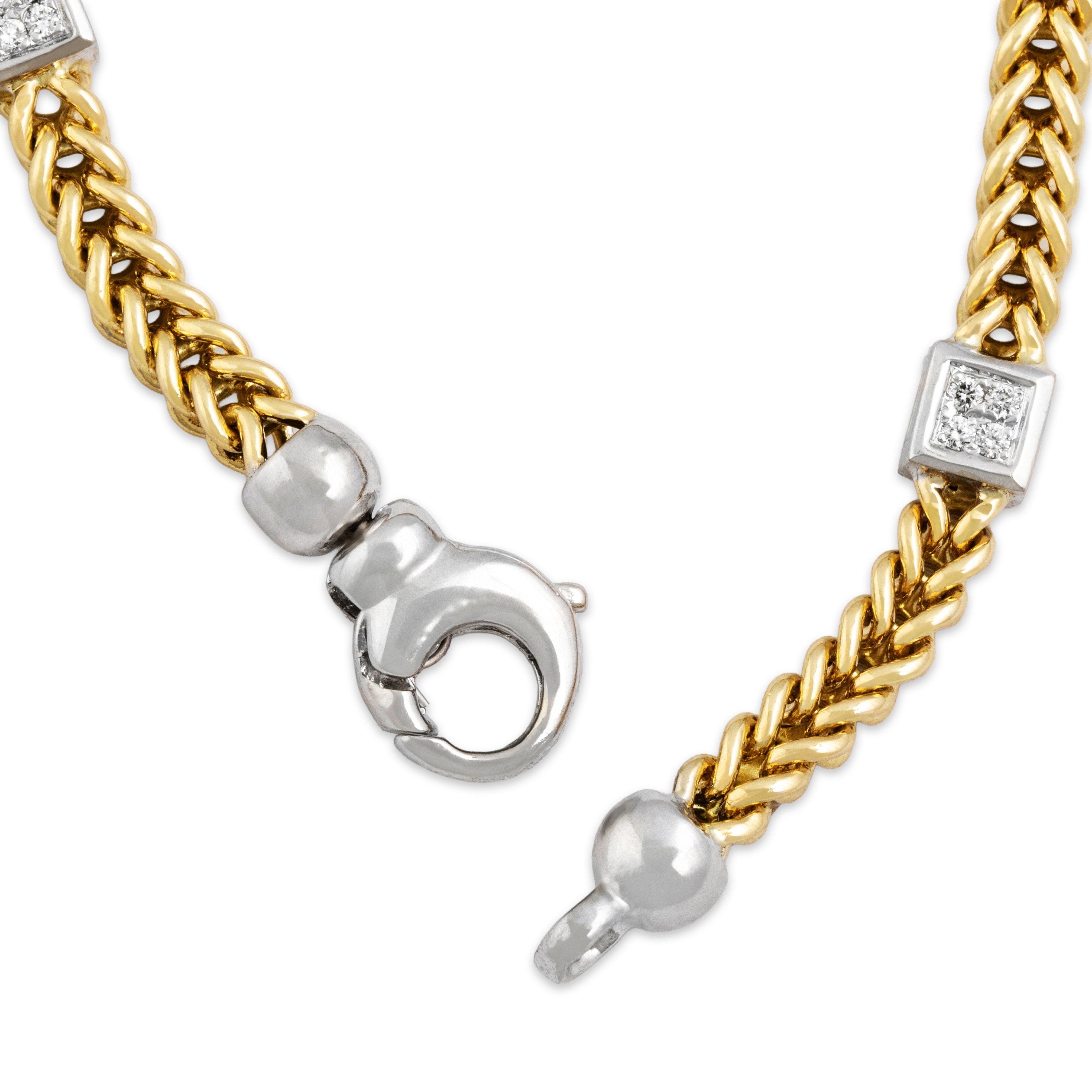 Vintage Italian 14k Yellow & White Gold Diamond Foxtail Chain Square Station Bracelet - clasp view