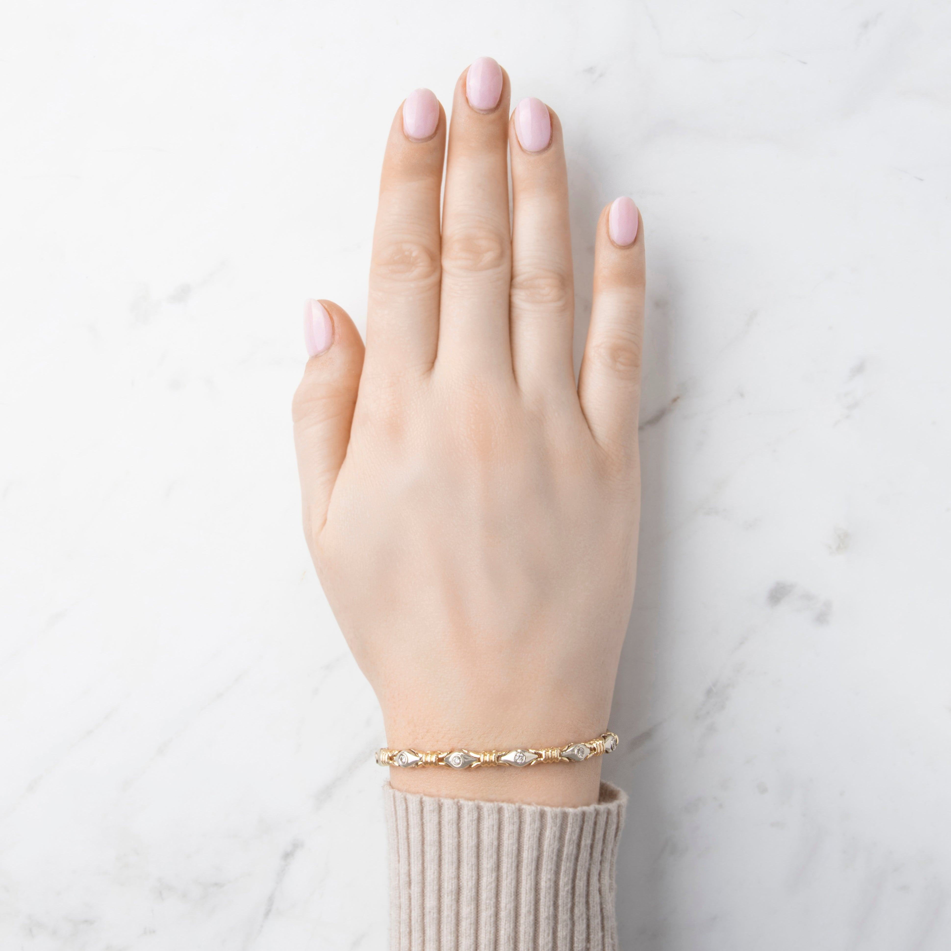 Vintage 14k Yellow & White Gold .64cttw Diamond Cat-Eye Station Bracelet - On model view