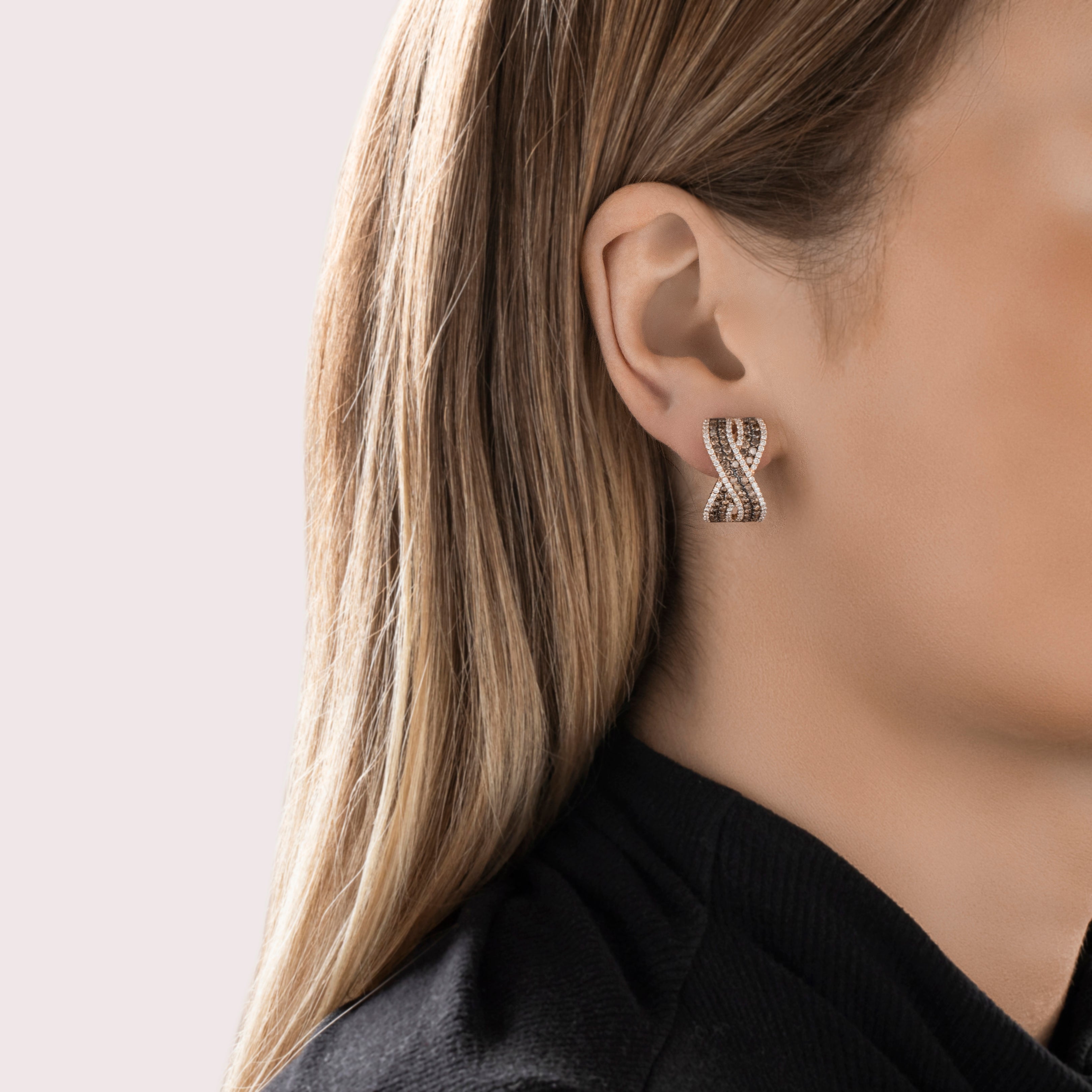 Vintage 14k Rose Gold 1.6cttw Chocolate Diamond .94ct White Diamond Large Omega-Back Glittering X Earrings - On model view