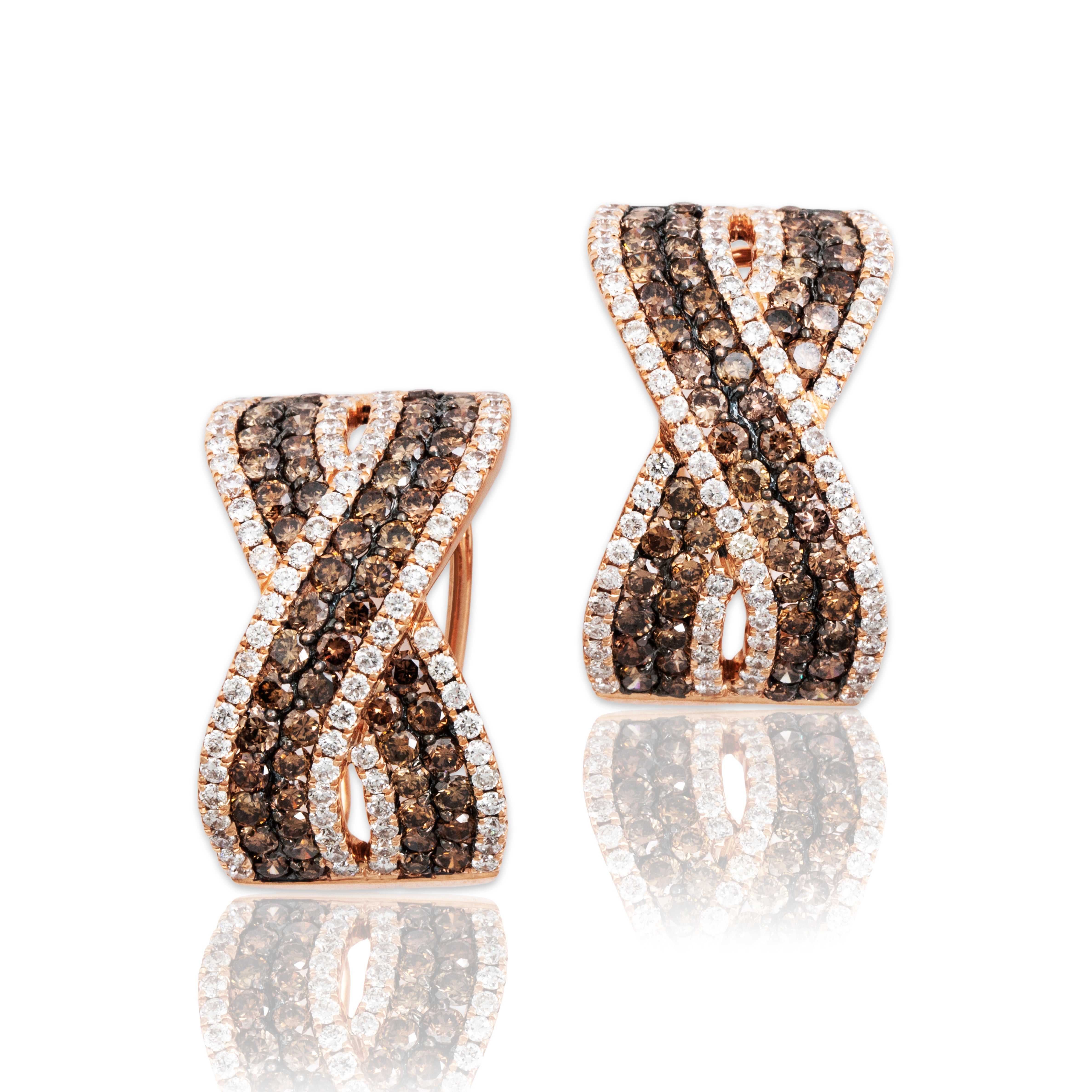 Vintage 14k Rose Gold 1.6cttw Chocolate Diamond .94ct White Diamond Large Omega-Back Glittering X Earrings - Close-up view