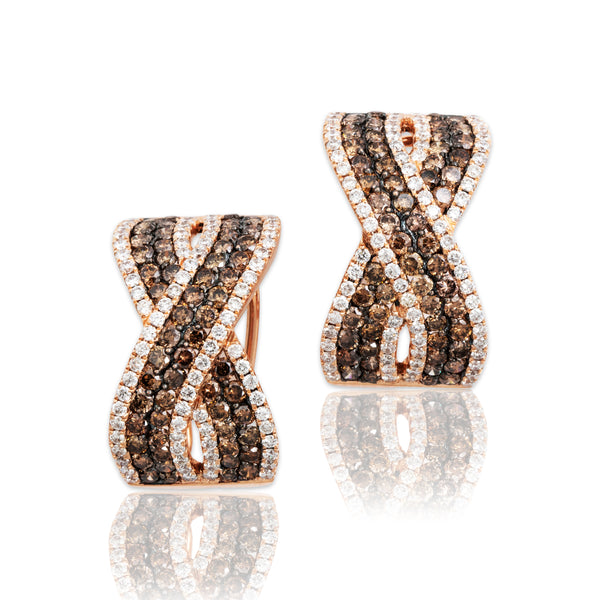 Vintage Large 14k Rose Gold 2.54cttw Chocolate & White Diamond X Earrings