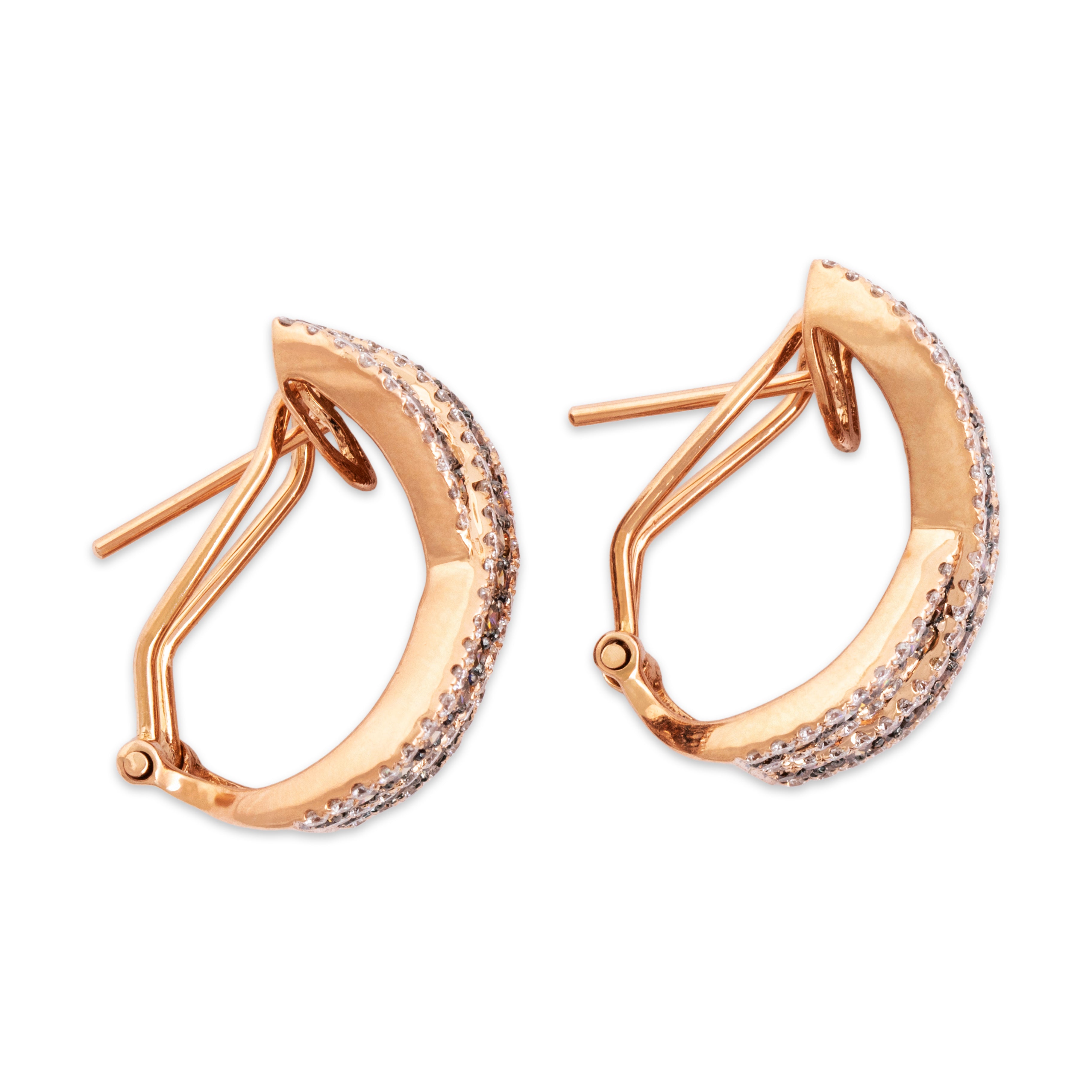 Vintage 14k Rose Gold 1.6cttw Chocolate Diamond .94ct White Diamond Large Omega-Back Glittering X Earrings - Side view