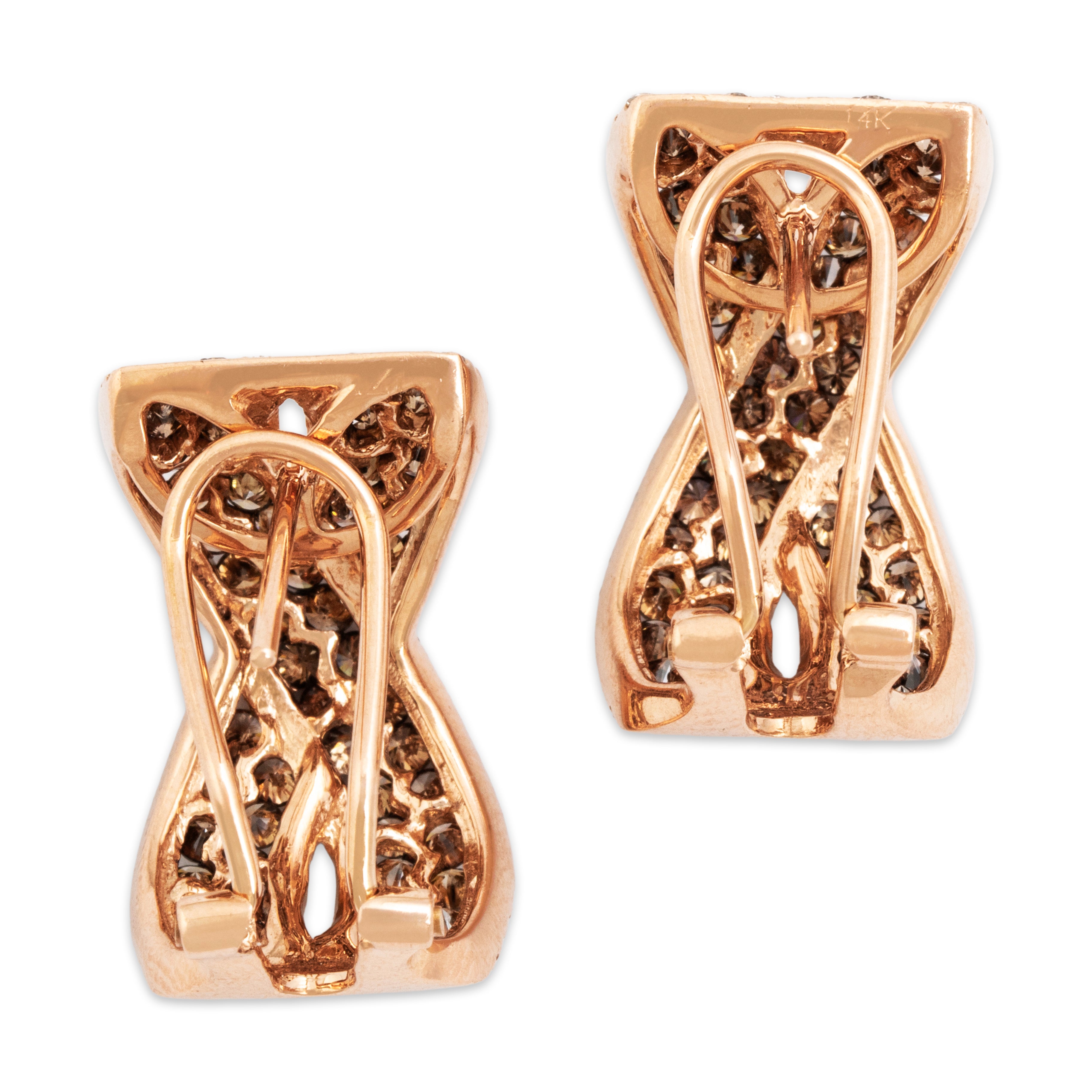 Vintage 14k Rose Gold 1.6cttw Chocolate Diamond .94ct White Diamond Large Omega-Back Glittering X Earrings - Back view