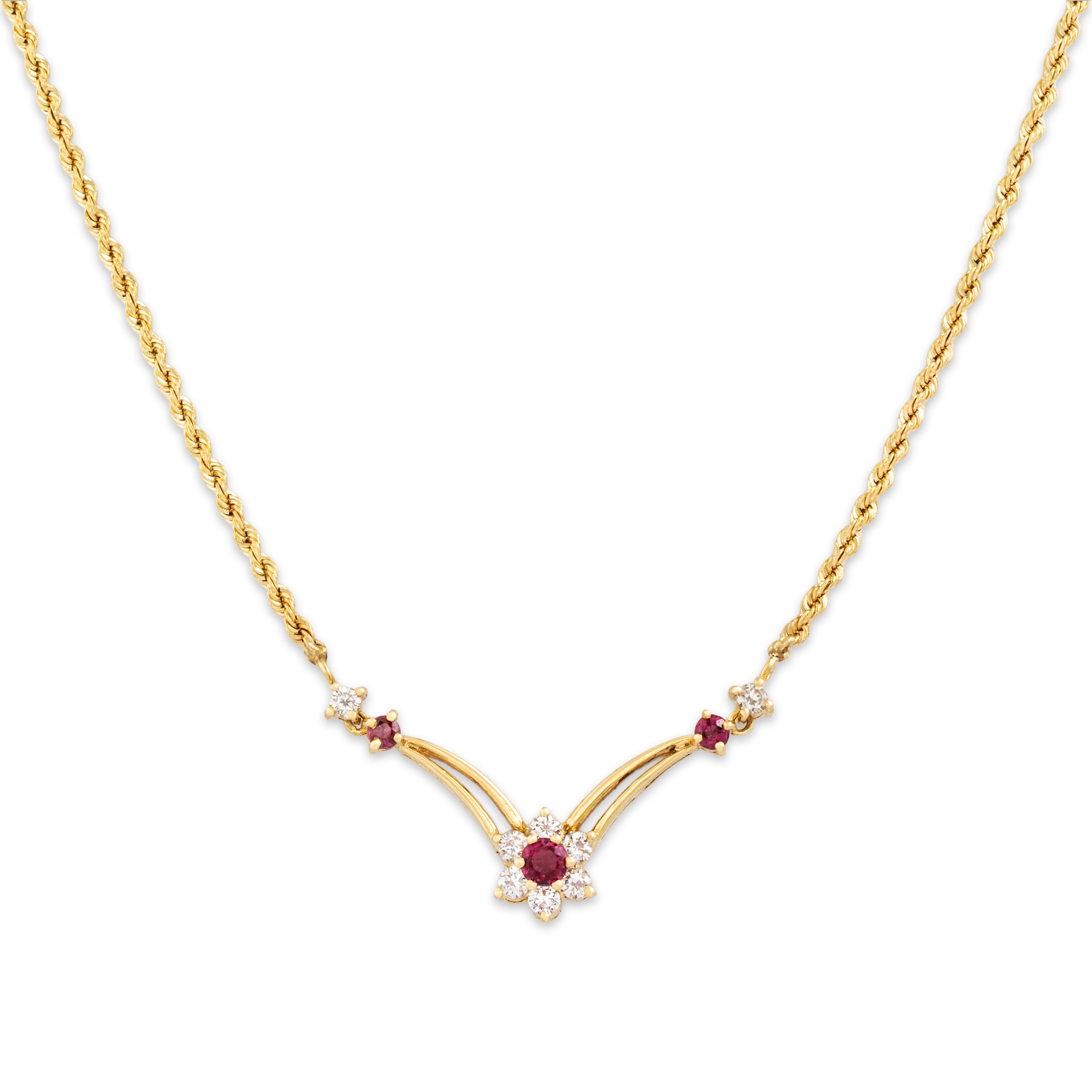 Vintage 14k Yellow Gold Ruby Diamond Lovely Chevron Flower Necklace 15.25