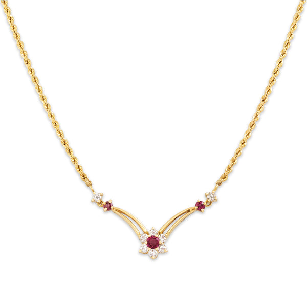 Vintage 14k Yellow Gold Ruby Diamond Lovely Chevron Flower Necklace 15.25