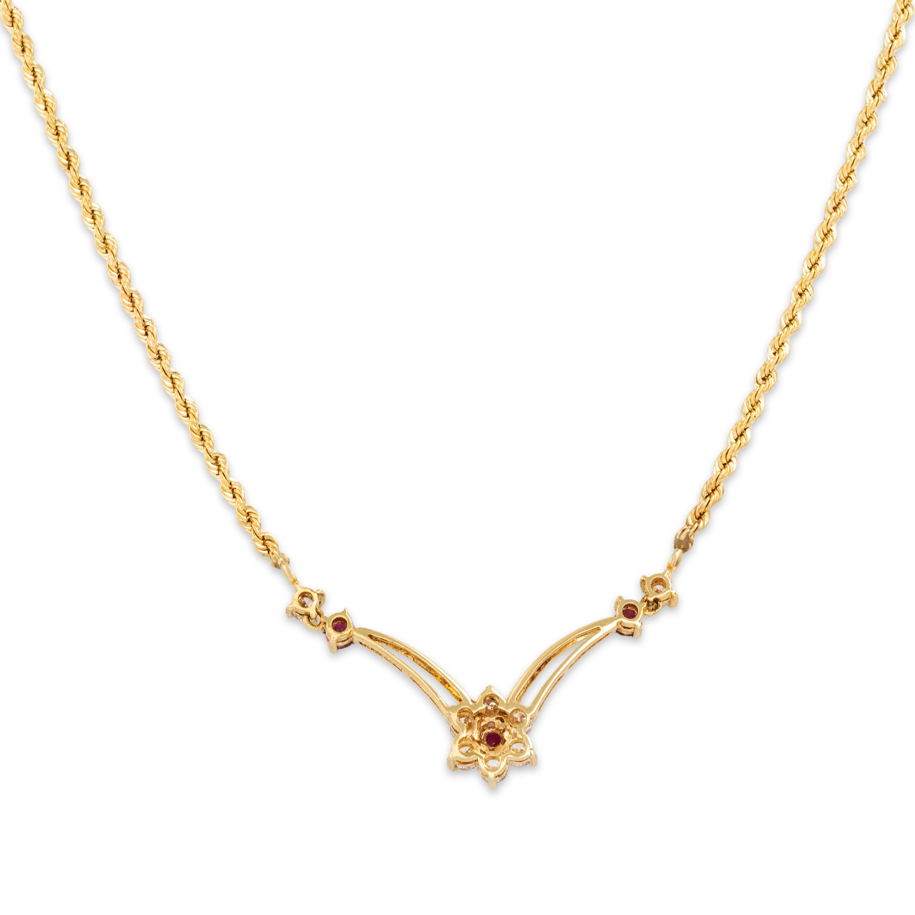 Vintage 14k Yellow Gold Ruby Diamond Chevron Flower Drop Necklace - Back view