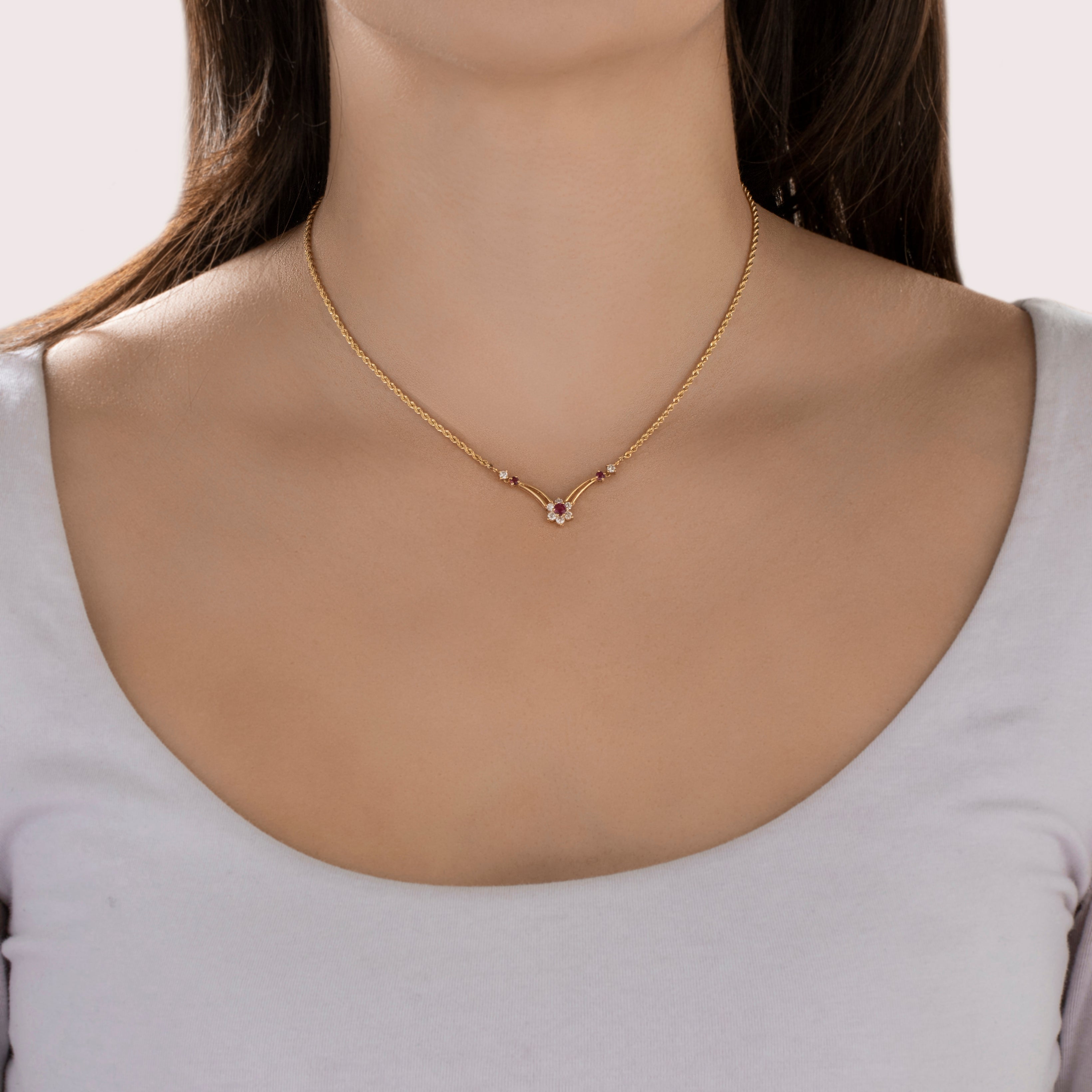 Vintage 14k Yellow Gold Ruby Diamond Chevron Flower Drop Necklace - On model view