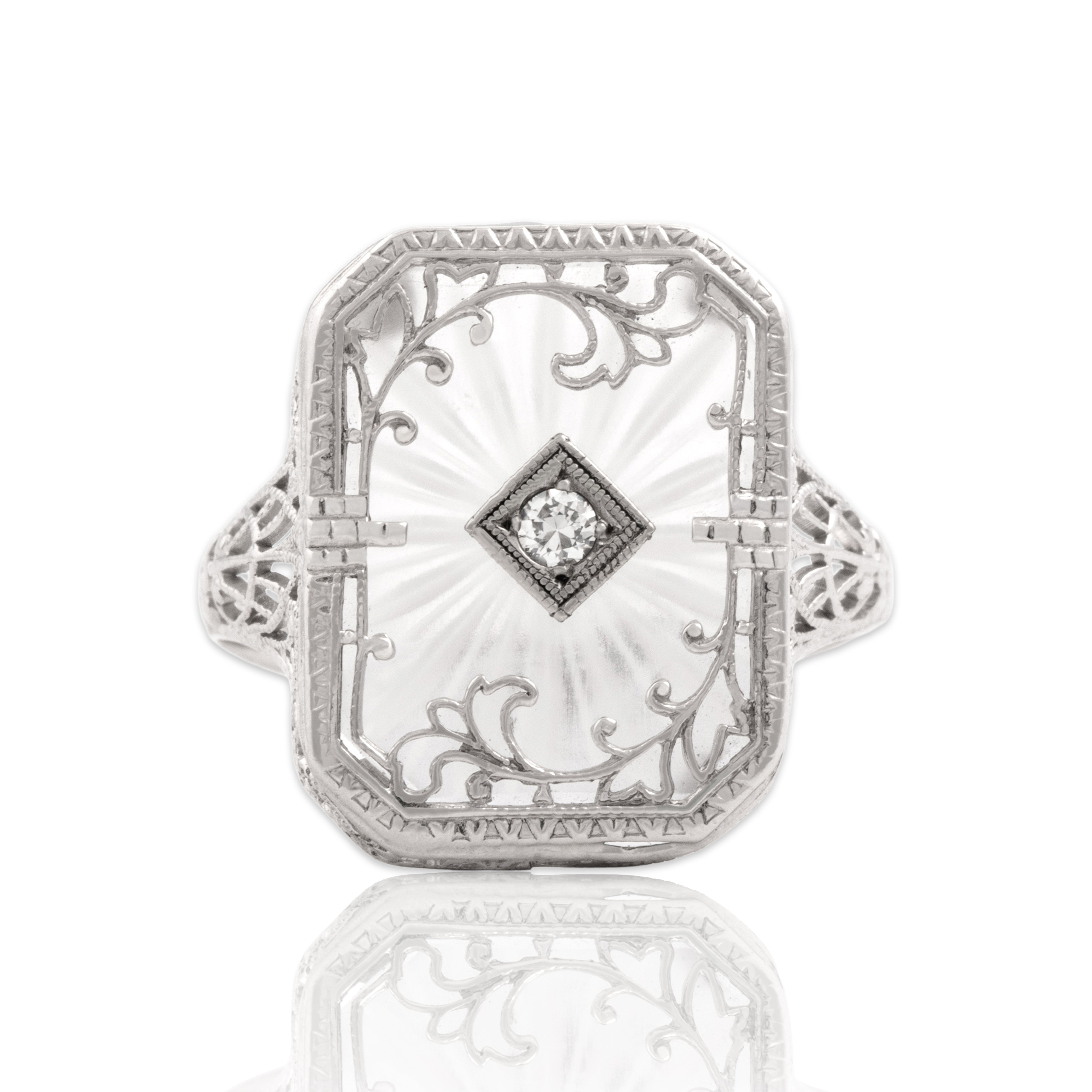 Antique Art Deco 14k White Gold Old European Cut Diamond Camphor Glass Elegant Swirling Decorated Ring - Close-up view