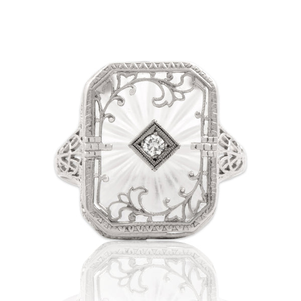 Antique Art Deco 14k White Gold Old European Cut Diamond Camphor Glass Ring 7.50