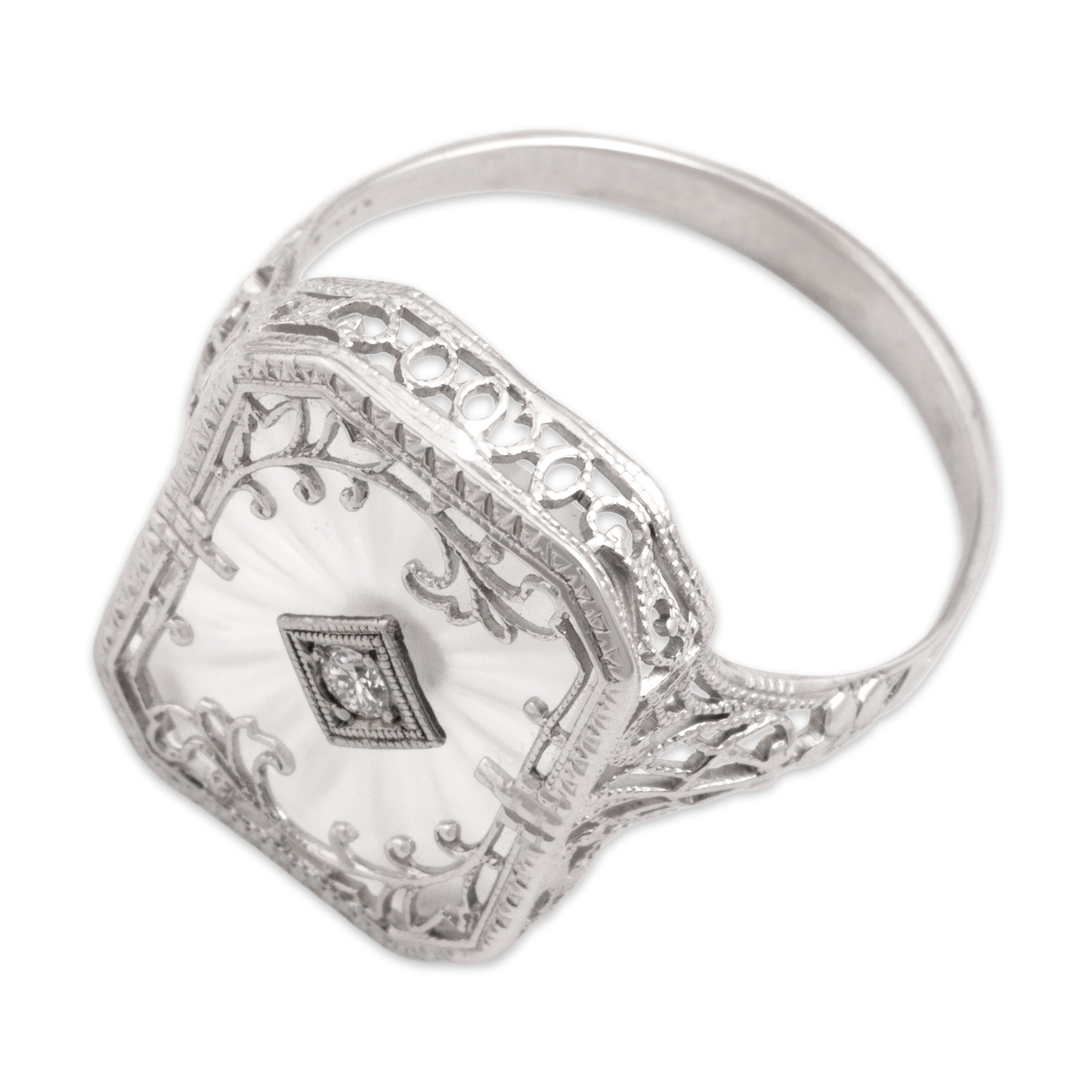 Antique Art Deco 14k White Gold Old European Cut Diamond Camphor Glass Elegant Swirling Decorated Ring - Overall view