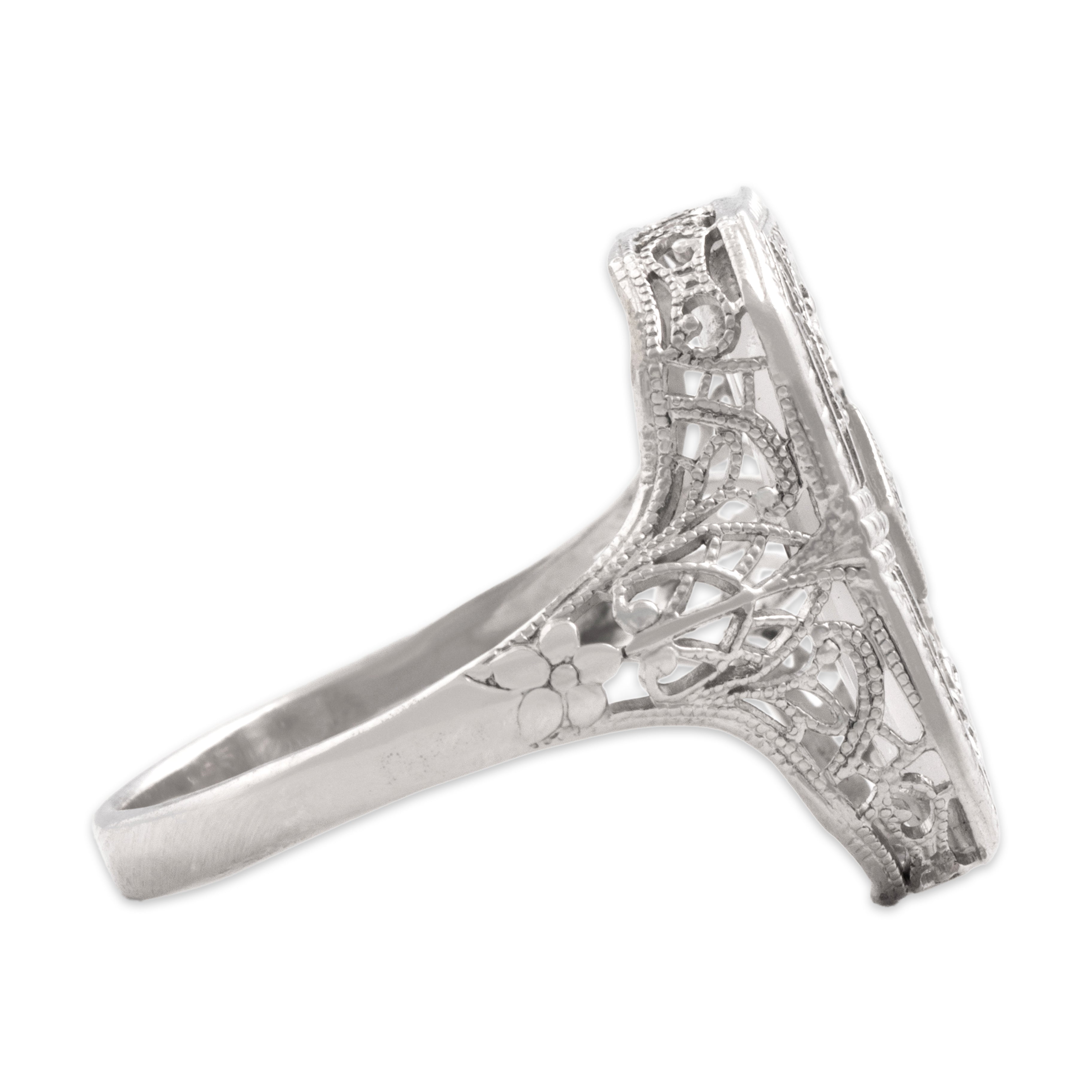 Antique Art Deco 14k White Gold Old European Cut Diamond Camphor Glass Elegant Swirling Decorated Ring - Side view