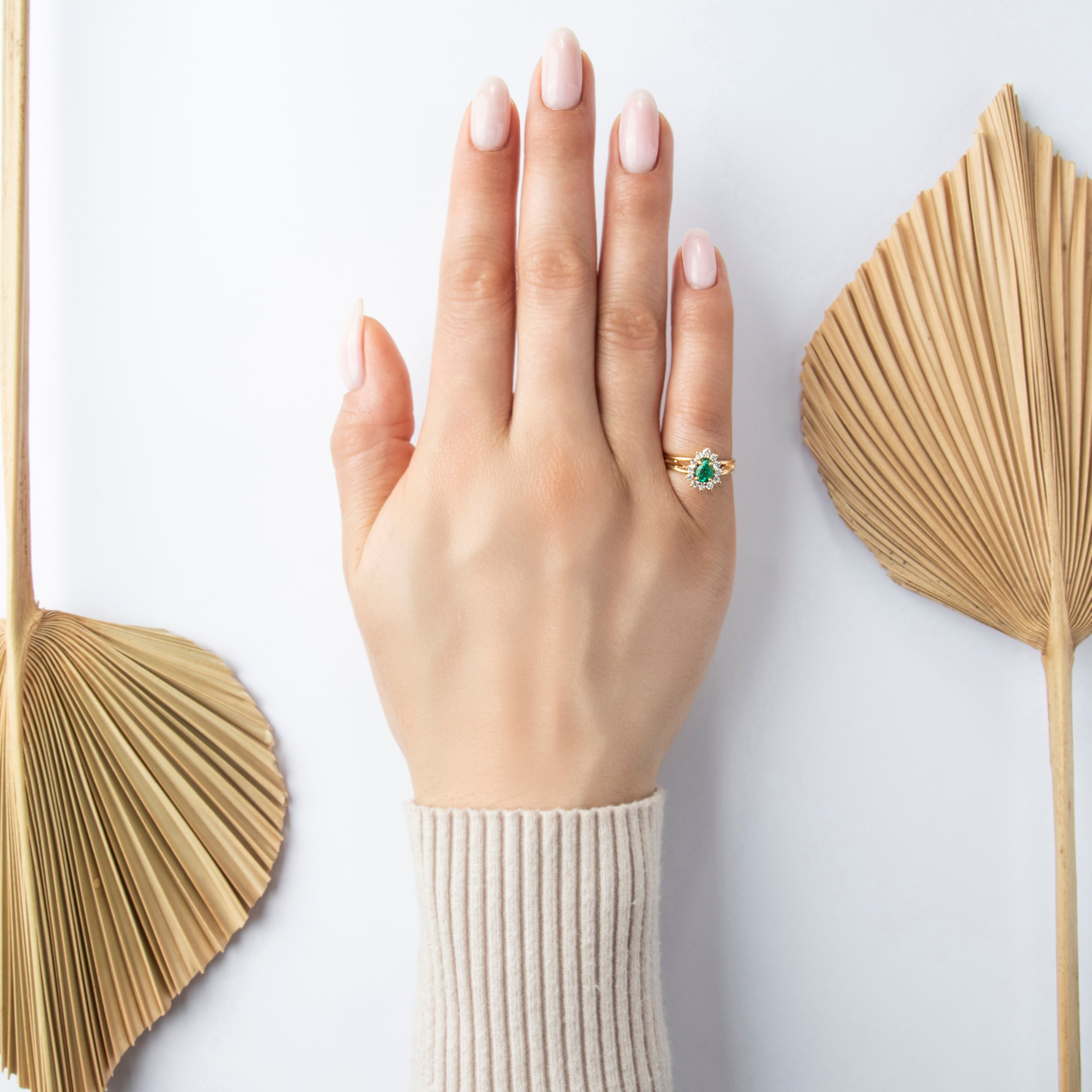 Vintage 18k Yellow Gold Emerald Diamond Pear Halo Ring - On model view