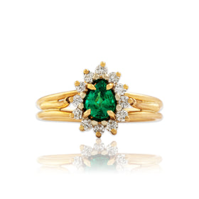 Vintage 18k Yellow Gold .34ct Emerald Diamond Stunning Pear Halo Ring 6.00
