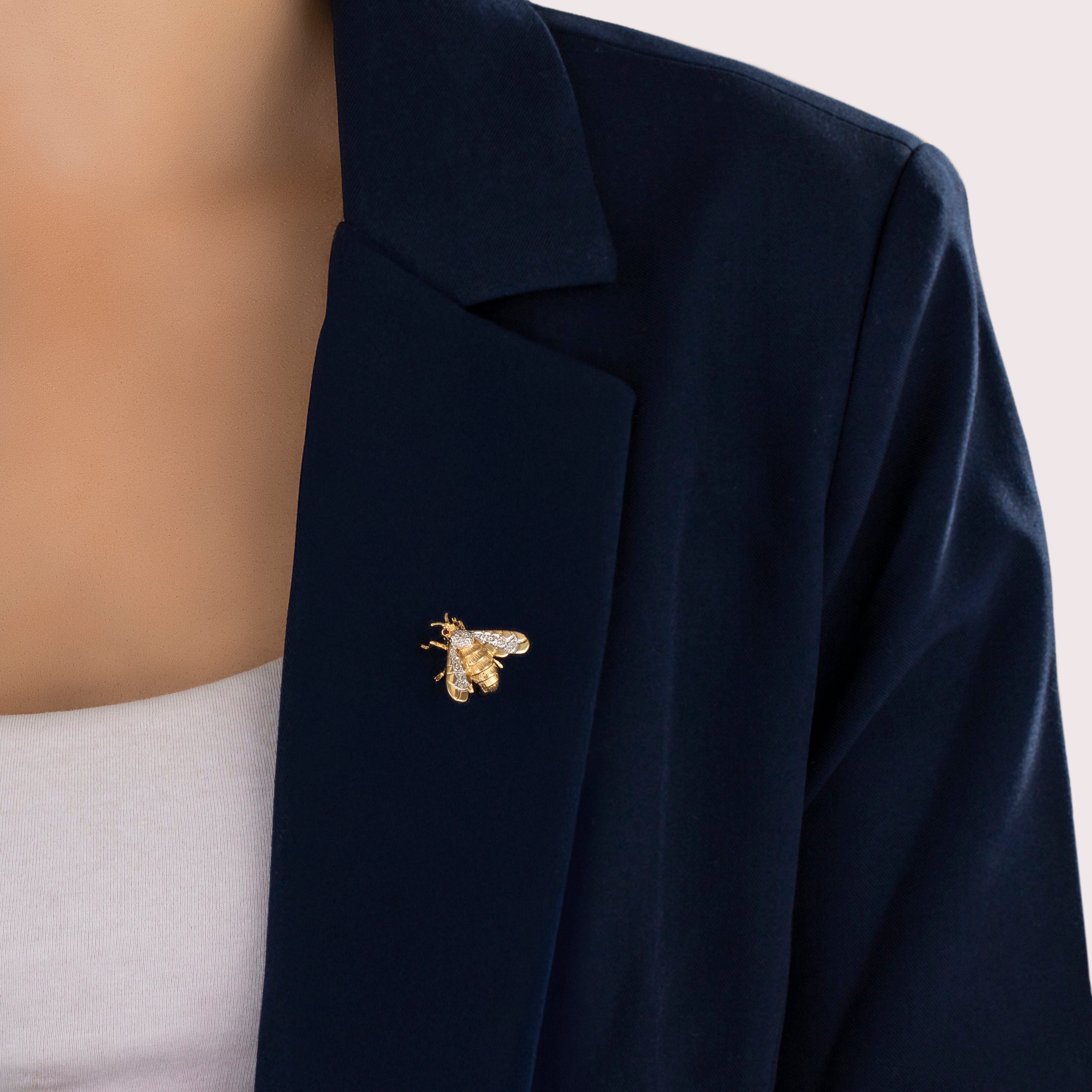 Vintage 14k Yellow & White Gold Diamond Ruby Flying Insect Brooch / Pin - On model view