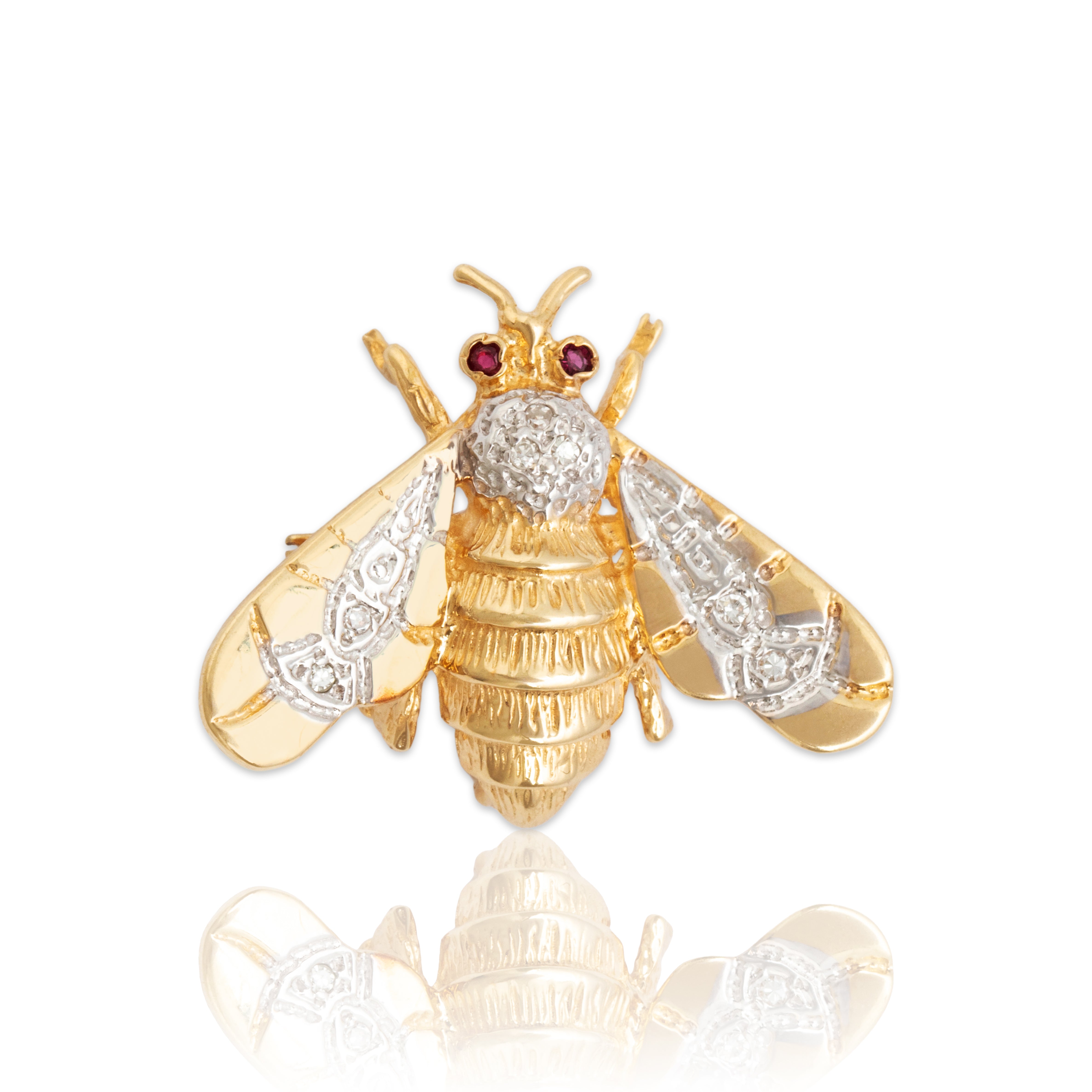 Vintage 14k Yellow & White Gold Diamond Ruby Flying Insect Brooch / Pin